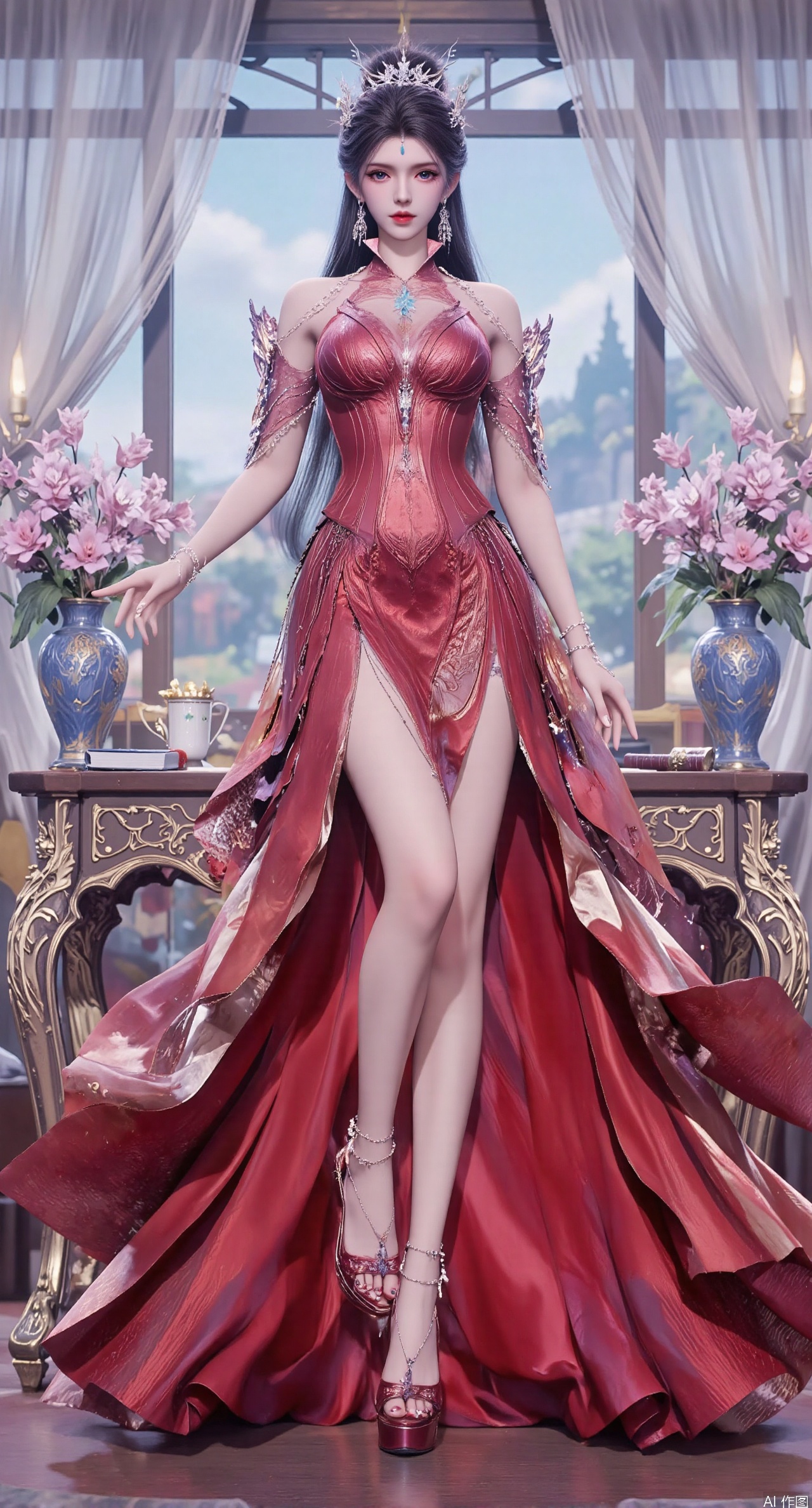 Ultra clear, wallpaper, 8k, masterpiece, 1girl, solo, long hair, breasts, looking at viewer, bangs, large breasts,long dress,, bare shoulders, jewelry, black hair, standing, purple eyes, full body, flower, thighs, indoors, hair bun, red dress, high heels, cup, see-through, book, bare legs, window, table, red footwear, standing on one leg, curtains, pink flower, side slit, vase, ,(huge breasts:2.99),(full breasts:2.99),phone screen,XanmiaoyiY,XhuolingerHHY,XwangqiuerKQW,Xxuenv