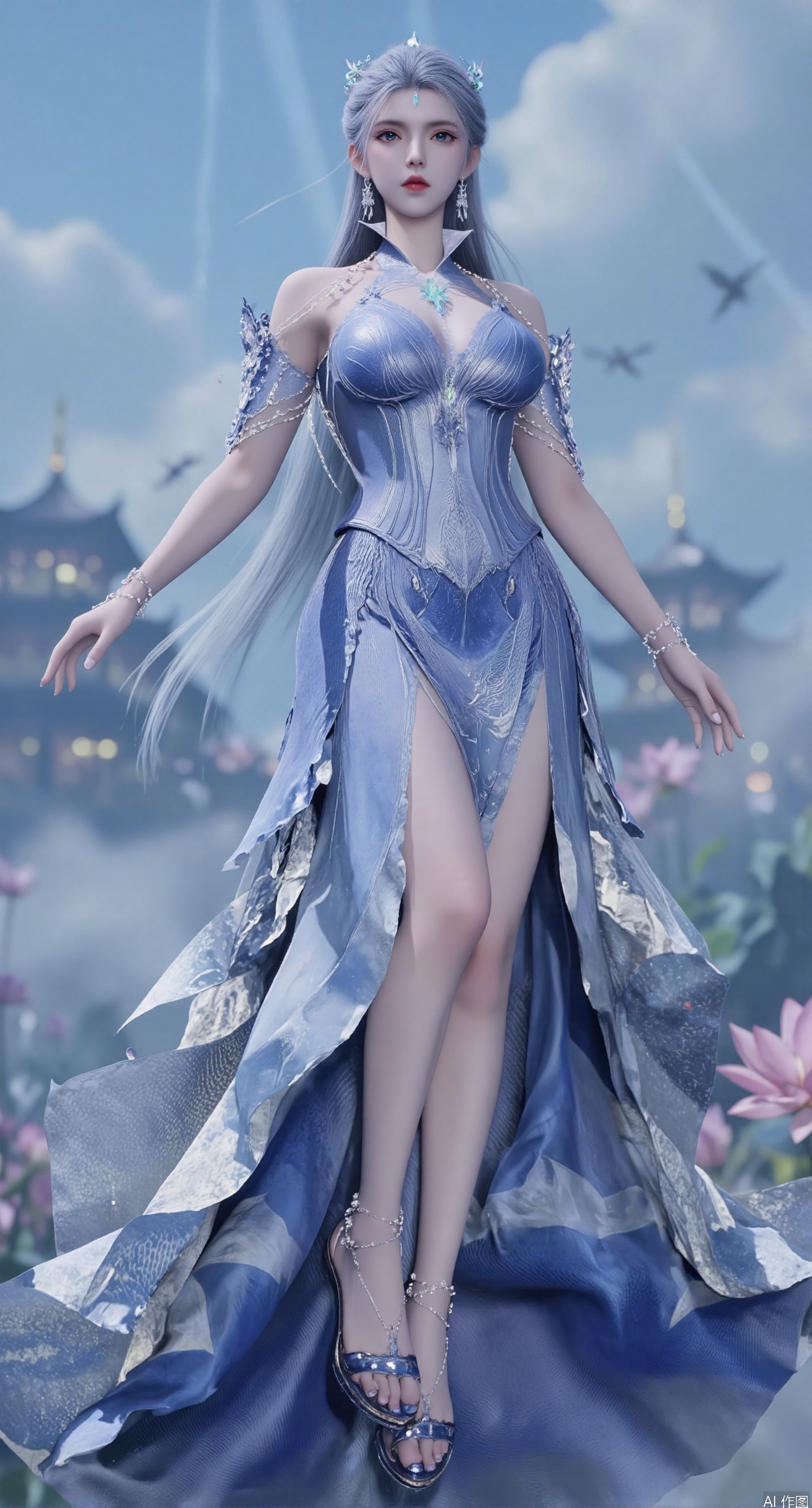 SFW,(masterpiece:1.2),best quality,1girl,solo,long hair,long dress,celestial maiden in flowing tulle gown levitates above lotus pond, ethereal mist trails from hair ribbons, mythical Penglai paradise emerges through clouds with glowing pavilions, translucent bioluminescent lotus blooms, flock of cranes gliding over water surface, ultra HD with soft 3D rendering, morning light filters through mist, falling petal rain, intricate details on scale-patterned fabric and lotus veins.(huge breasts:2.99),(full breasts:2.99),,XtianqiongY,XliumeiY,XyueliuY,Xxiaowu,Xyusanniang,Xxuenv