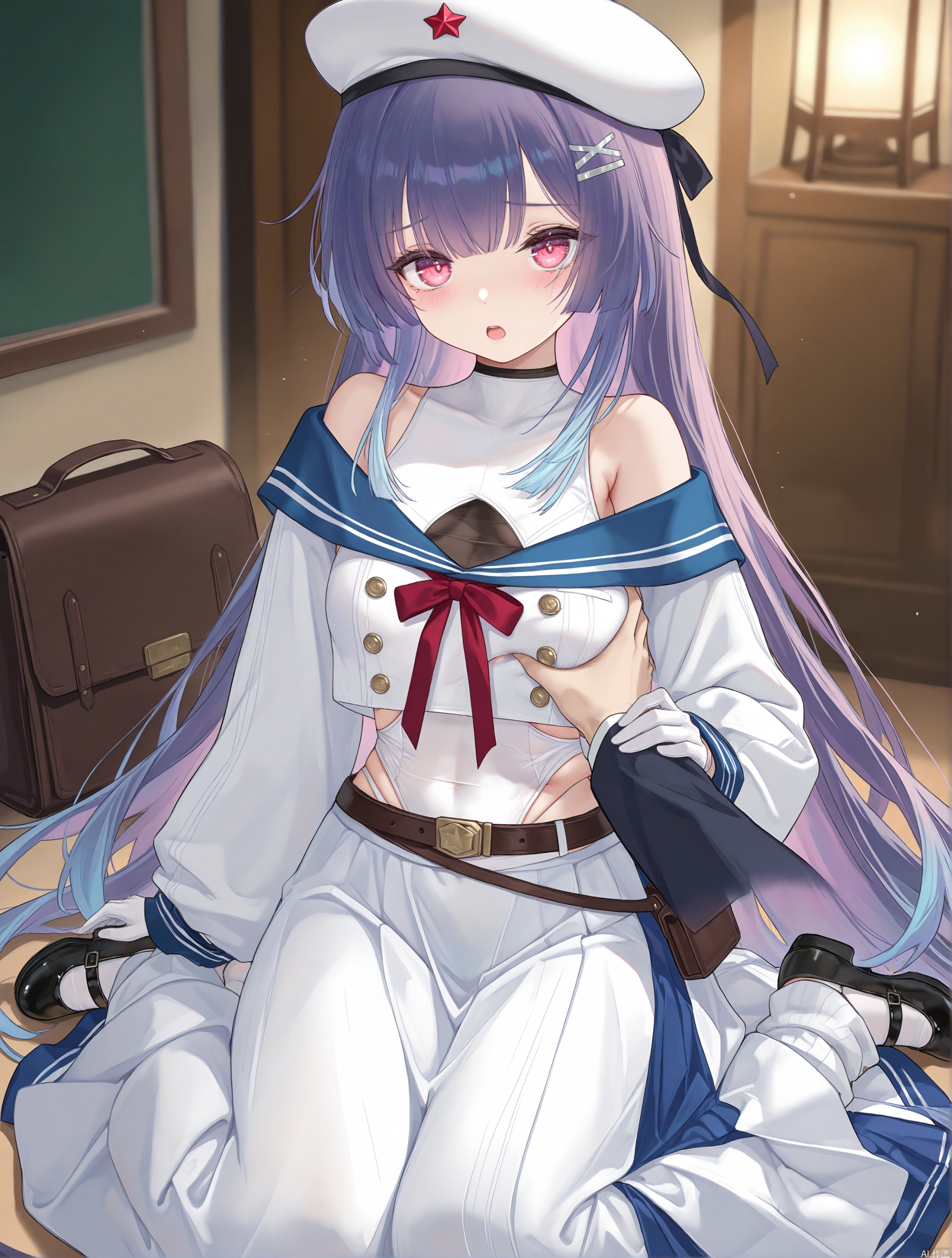 shy,wariza,grabbing another's hand,open mouth,
female pov,female pov hand,grabbing another's breast through clothes,

YingTan, 1girl, solo, long hair, white headwear, white gloves, bag, cleavage_cutout, white legwear, long skirt, long sleeves, bare shoulders, white skirt, off shoulder, belt, hairclip, shirt, breasts, blue sailor collar, beret, white shirt, red neck ribbon, black hat ribbon, leotard, white leotard, leotard under clothes, white legwear, full body, black footwear, mary janes, leg warmers, 
//,BREAK, official art,depth of field,best quality,amazing quality,very aesthetic,absurdres,best quality,masterpiece,ultra detailed,newest,8K,HDR,masterpiece,best quality,newest,absurdres,highres,very awa,very awa,masterpiece,best quality,year 2024,newest,highres,absurdres,//cinematic lighting,contour deepening,high-key and low-variance brightness scale,soft light,depth of field,