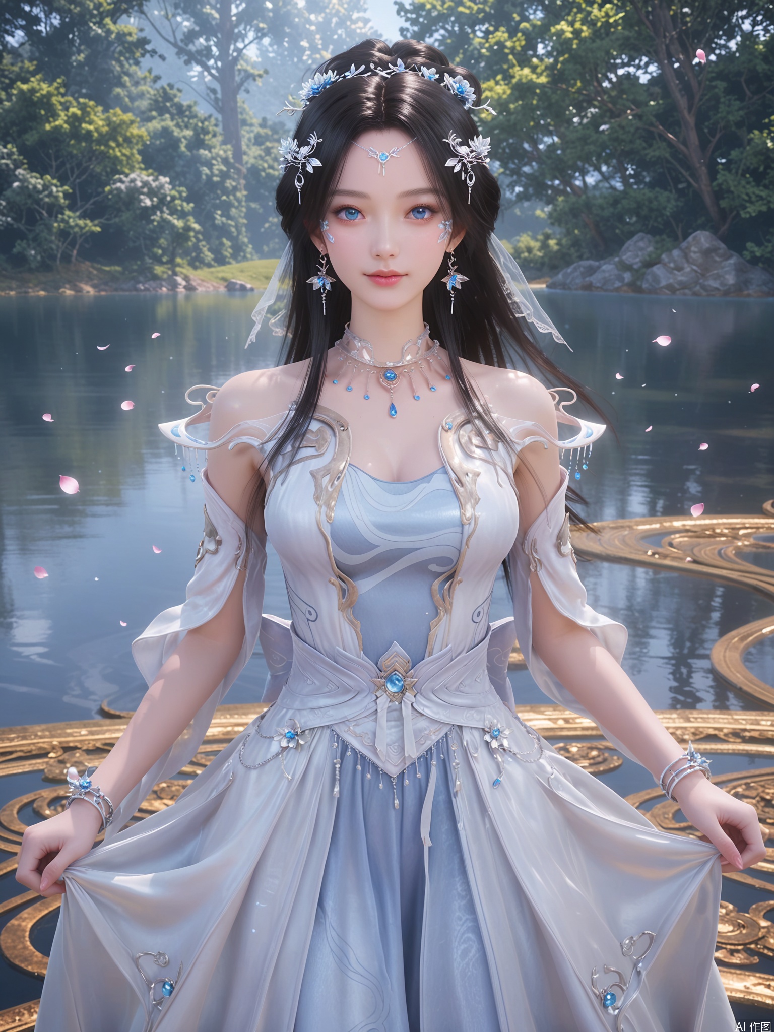 score_9,score_8_up,score_7_up,1girl,looking_at_viewer,realistic,1girl,Vivid Colors,bright environment,sunshine,god light,lake,delicate water surface,hair_ornament,shiny skin,shiny hair,reflection,(wariza:1.2),dress,jewelry,flower sea,falling petals,extreme detail description,bright sunlight,frontal lighting,(upper body:1),put one hand on your chest,black hair
