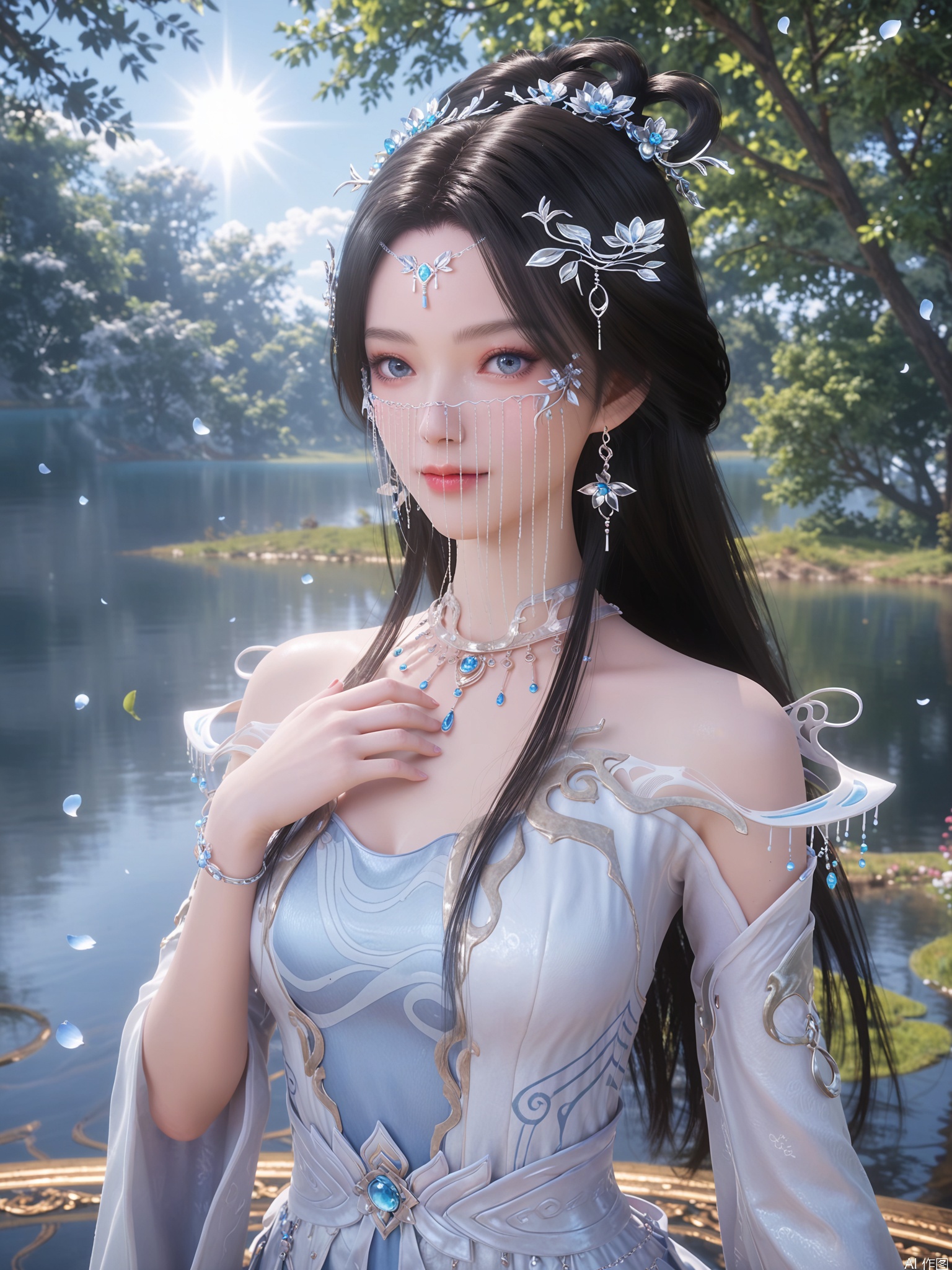 score_9,score_8_up,score_7_up,1girl,looking_at_viewer,realistic,1girl,Vivid Colors,bright environment,sunshine,god light,lake,delicate water surface,hair_ornament,shiny skin,shiny hair,reflection,(wariza:1.2),dress,jewelry,flower sea,falling petals,extreme detail description,bright sunlight,frontal lighting,(upper body:1),put one hand on your chest,black hair