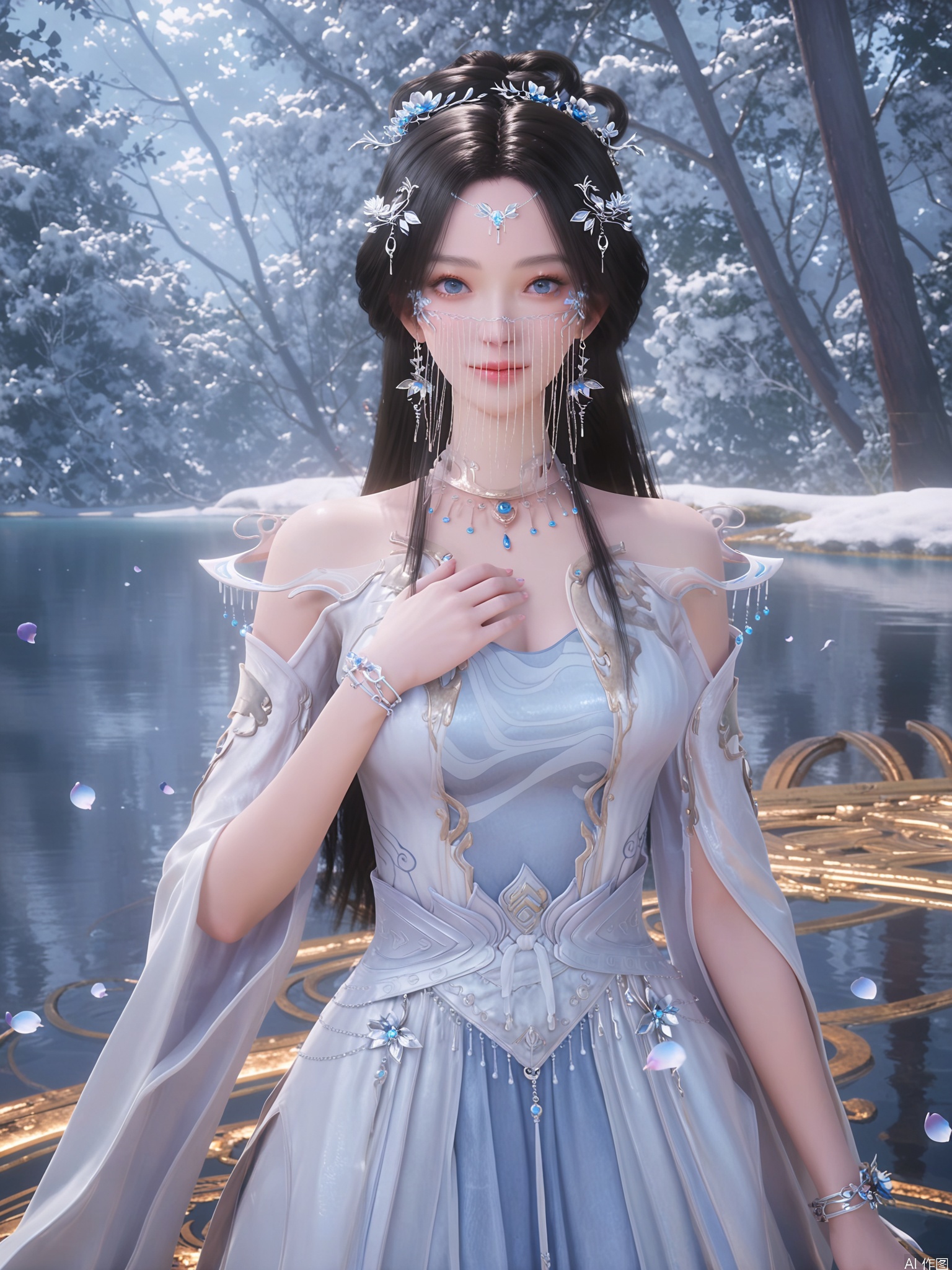 score_9,score_8_up,score_7_up,1girl,looking_at_viewer,realistic,1girl,Vivid Colors,bright environment,sunshine,god light,lake,delicate water surface,hair_ornament,shiny skin,shiny hair,reflection,(wariza:1.2),dress,jewelry,flower sea,falling petals,extreme detail description,bright sunlight,frontal lighting,(upper body:1),put one hand on your chest,black hair