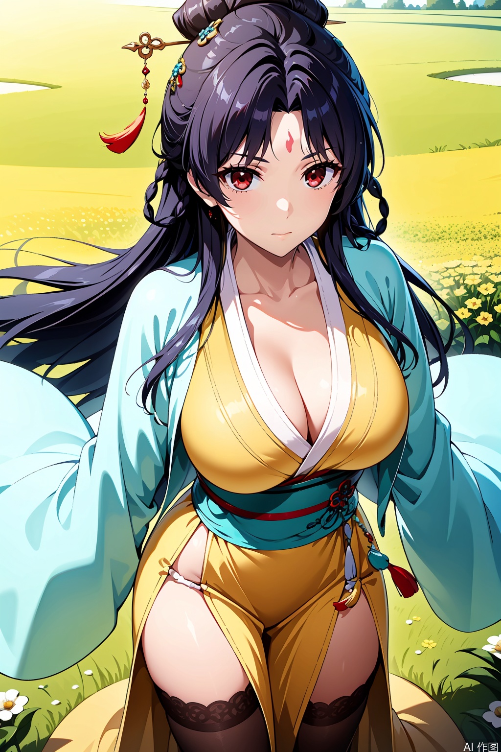1girl, solo, long hair, breasts, looking at viewer, bangs, large breasts, black hair, hair ornament, red eyes, cleavage, wide sleeves, parted bangs, sash, facial mark, chinese clothes, hanfu,masterpiece,best quality,official art,extremely detailed CG unity 8k wallpaper,Thigh exposed,thighhighs,looking at viewer,flower field,