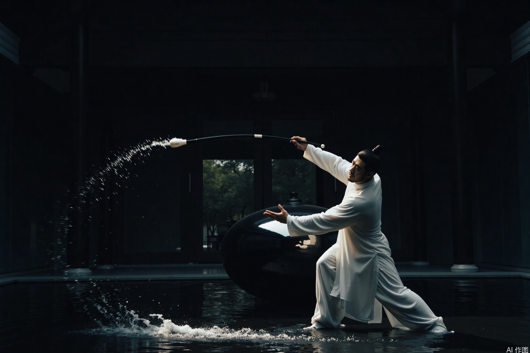 xnz,Tai Chi, The man has a neat hairstyle and a strong build, dressed in a white Chinese - style outfit.topless,muscular man, He holds a long pole and performs a waving motion in the water, creating splashes. The background is a dark - toned traditional Chinese courtyard, with a mysterious atmosphere.