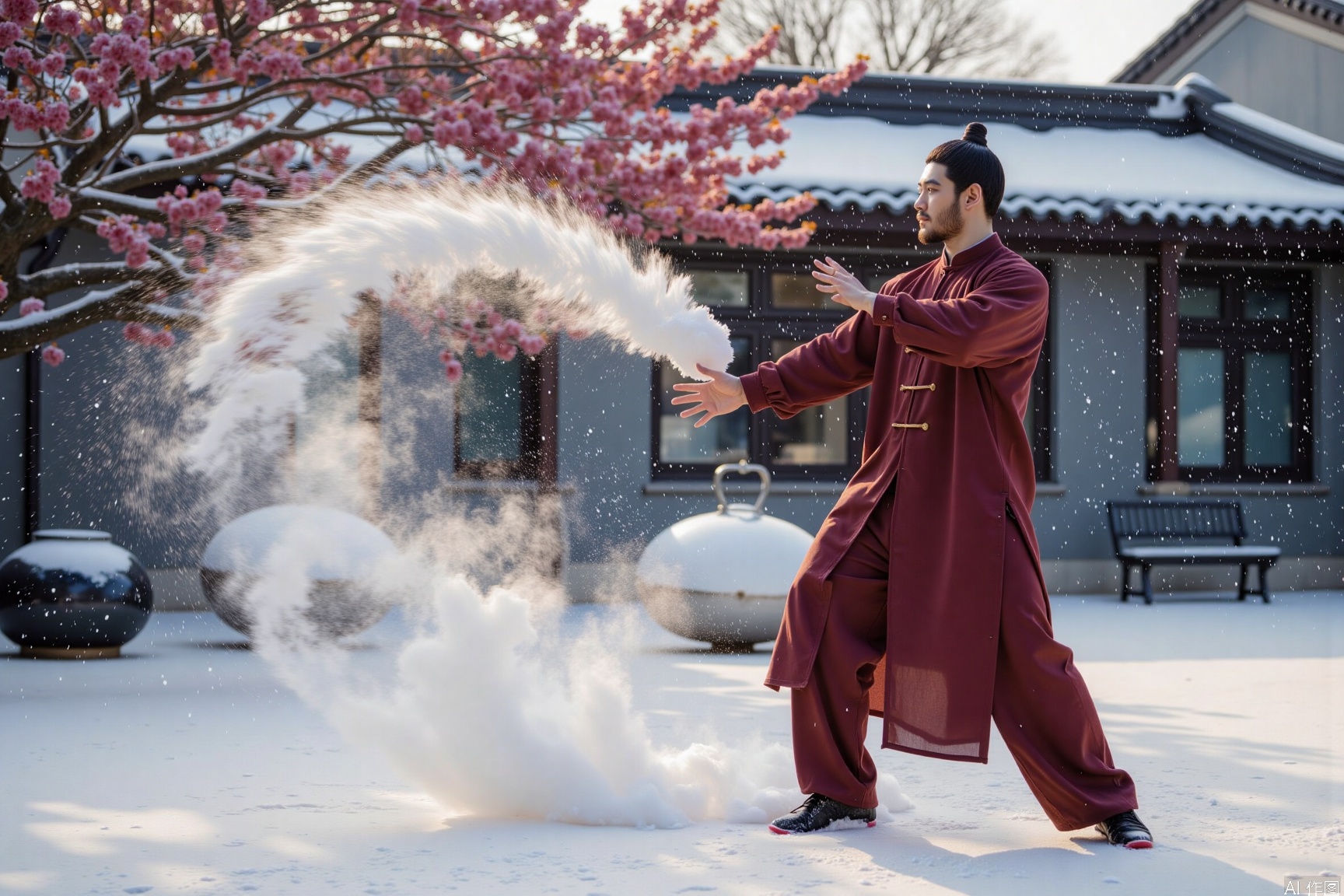 xnz,Tai Chi, In the winter plum garden with heavy snowfall, a male model in a deep red Tai Chi robe stands proudly, like a god of war in the snow. The snowflakes rush towards him crazily but are scattered by the aura he emits. His eyes are like torches. Suddenly, he exerts force. His every move is steady and powerful. The strong wind stirred up by his fists and feet is like a sharp blade, “swishing” through the flying snowflakes and rolling up the snow on the ground to form a white snow dragon. The red plum blossoms tenaciously in the cold wind, and the petals are blown off by the strong wind, interweaving with the snowflakes all over the sky, forming a pleasing contrast with him. In the cold atmosphere, the super dynamic charm of the handsome man that is tenacious and defiant against frost and snow is revealed.,motion blur effect