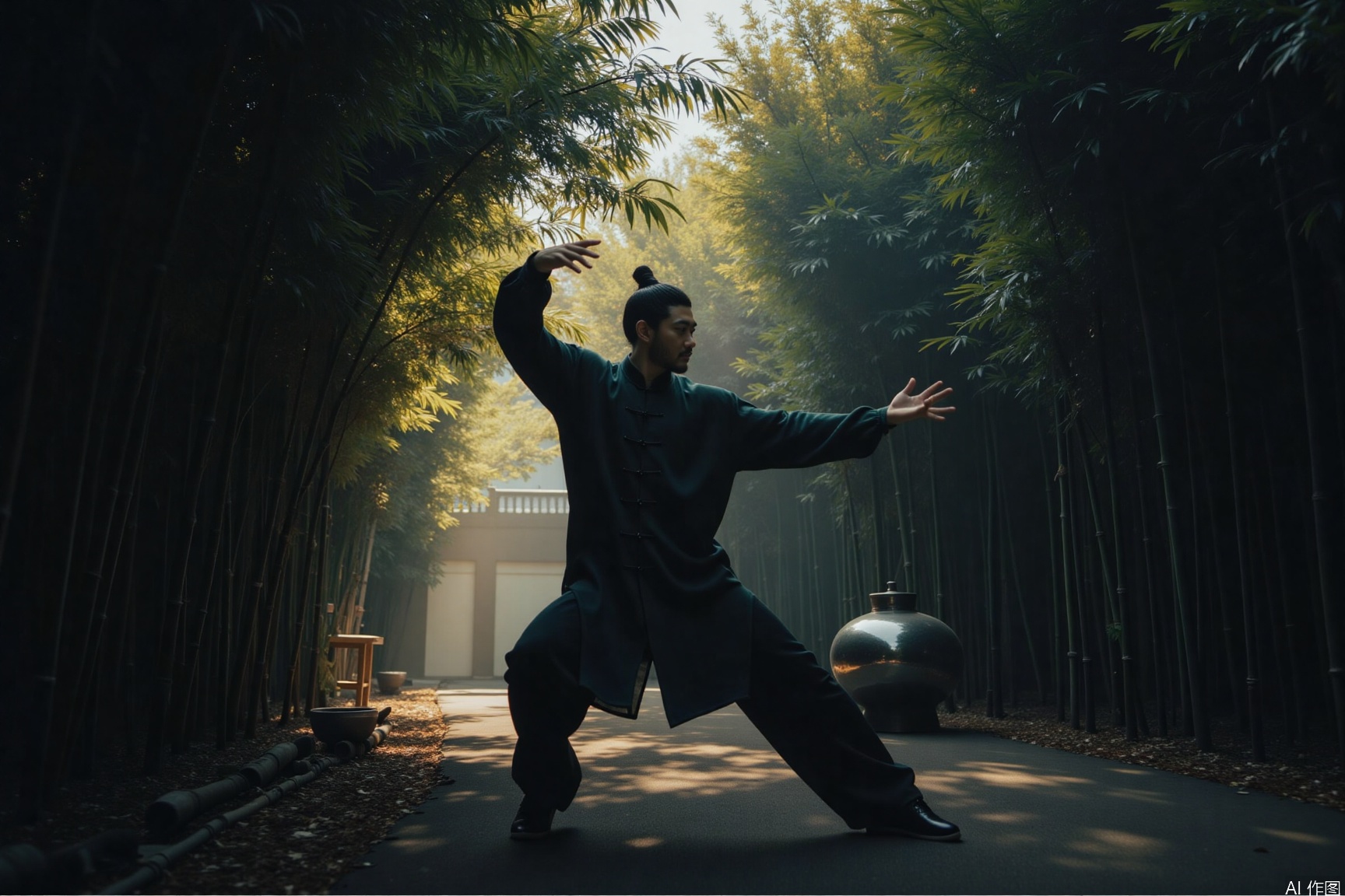 xnz,Tai Chi,Deep in the quiet bamboo forest, a male model wears a Tai Chi uniform with dark green edges. His tall figure appears and disappears among the bamboo groves, like a hermit in the bamboo forest. Suddenly, he starts to move. Starting with the Tai Chi posture, he is as swift as a leopard attacking, making the bamboo leaves “rustle” loudly, as if issuing a heroic challenge to nature. His body twists, and his fists and feet generate wind. Every time he exerts force, the surrounding bamboos tremble slightly. The dappled sunlight shines through the gaps of the bamboo leaves, jumping and flickering with his movements, outlining his deep and resolute features, fully displaying the dynamic temperament of the handsome man that is mysterious, unrestrained, wild and reserved.,motion blur effect,dynamically blurred background