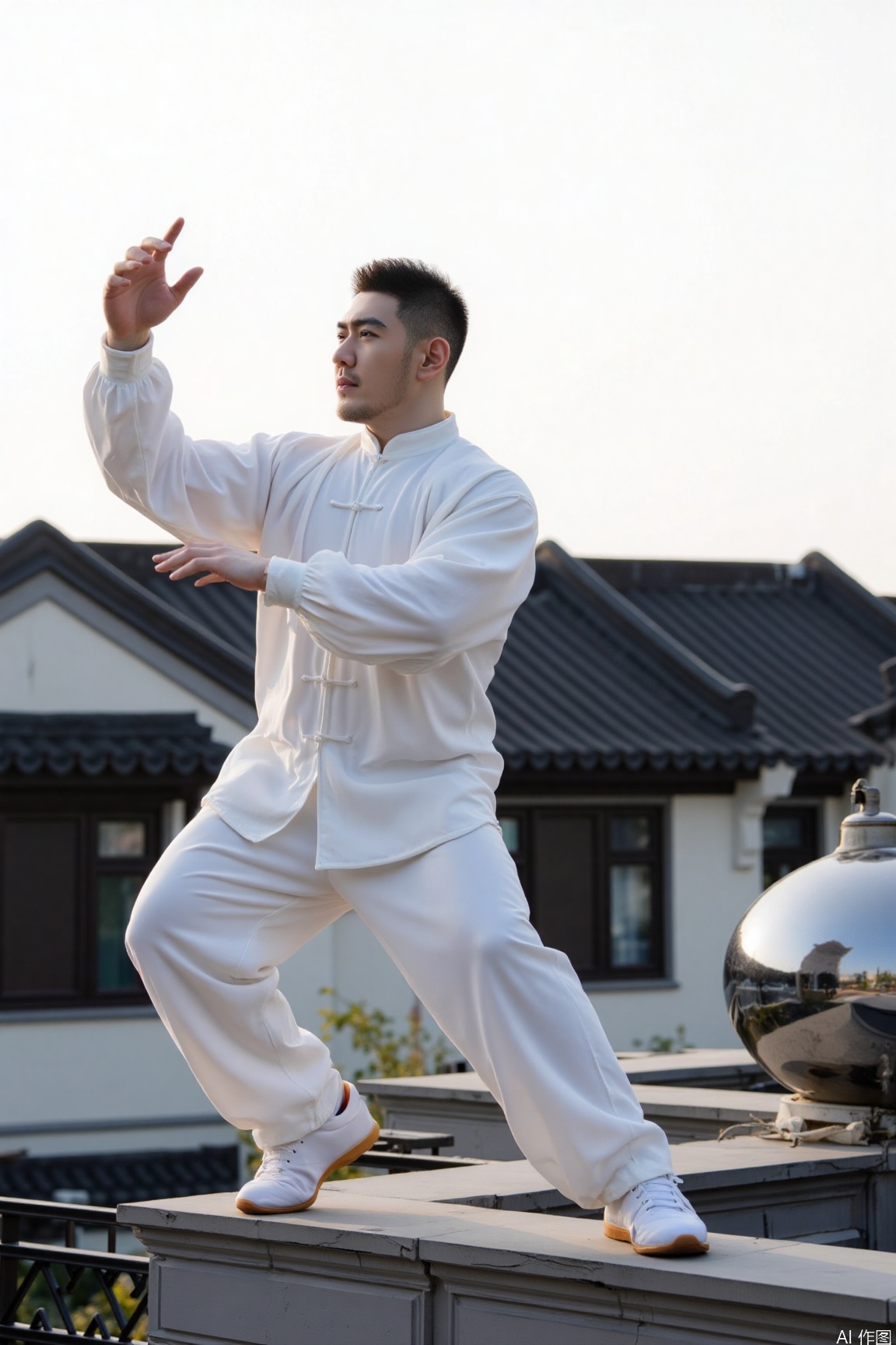 xnz,Tai Chi,A man  wearing a white Tai Chi outfit and white shoes, is in a horse - stance, with one hand extended upward and the other forward. The background features traditional Chinese - style houses under a bright sky.