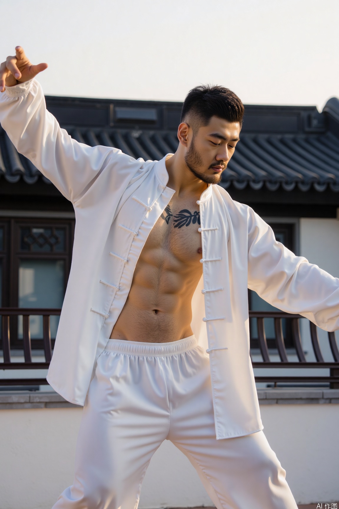 xnz,Tai Chi, open clothes, muscular male, A short - haired man with stubble on his face and a tattoo on his chest, wearing an open white Tai Chi outfit, is performing a stretching movement. The background is traditional Chinese architecture with bright lighting.