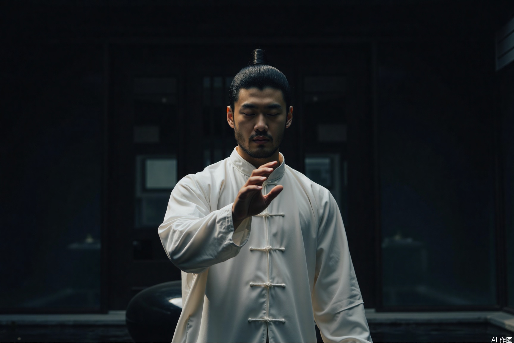 xnz,Tai Chi, The man has a neat hairstyle and a strong build, dressed in a white Chinese - style outfit.The background is a dark - toned traditional Chinese courtyard, with a mysterious atmosphere.