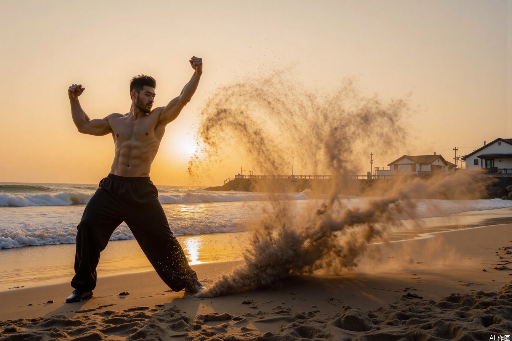 xnz,Tai Chi,On the seaside beach bathed in the afterglow of the sunset, a handsome male model with a wheat-colored complexion goes shirtless, only wearing a pair of loose black Tai Chi pants. The sweat freely flows and glistens on his chiseled, firm muscles. He seems like a sea god awakening. Facing the sea breeze, he shouts loudly and suddenly raises his hands. His fists are like hammers breaking through the waves, swinging rapidly, making the surrounding air “whoosh”. The sand under his feet is raised by this force, forming a sand curtain as he moves. The waves are surging, pounding the beach to accompany him crazily. The sunset glow behind him dyes the sky in gorgeous colors, and the picture is full of explosive power and a sense of freedom and unrestraint.