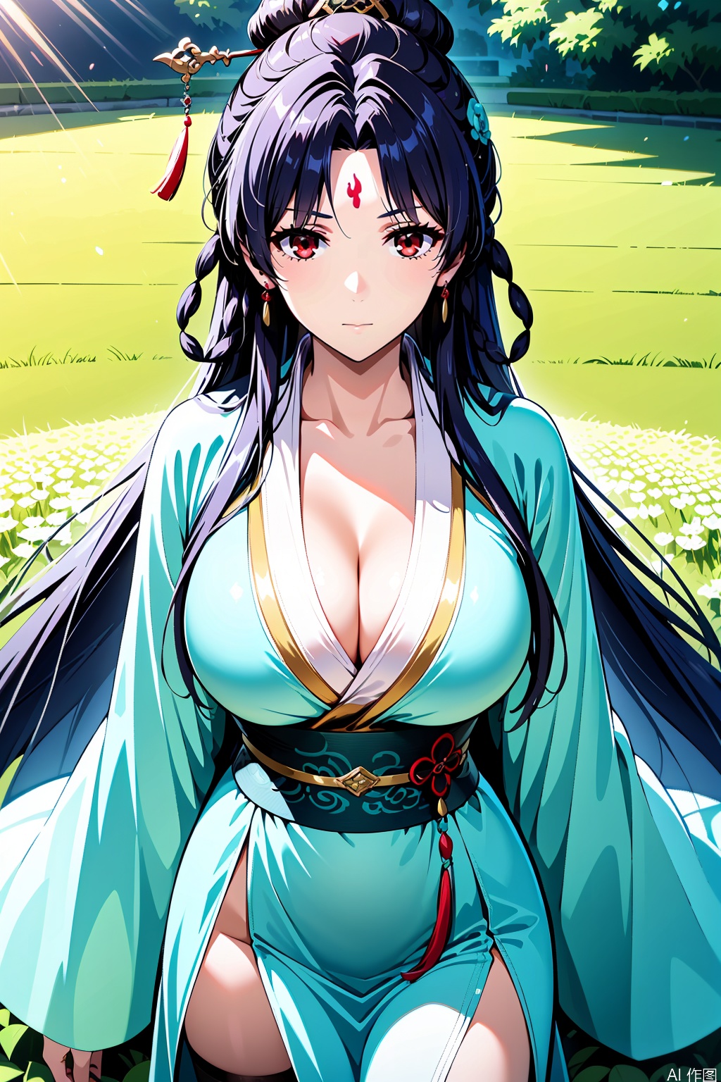1girl, solo, long hair, breasts, looking at viewer, bangs, large breasts, black hair, hair ornament, red eyes, cleavage, wide sleeves, parted bangs, sash, facial mark, chinese clothes, hanfu,masterpiece,best quality,official art,extremely detailed CG unity 8k wallpaper,Thigh exposed,thighhighs,looking at viewer,flower field,