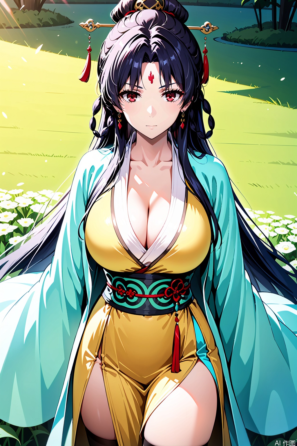 1girl, solo, long hair, breasts, looking at viewer, bangs, large breasts, black hair, hair ornament, red eyes, cleavage, wide sleeves, parted bangs, sash, facial mark, chinese clothes, hanfu,masterpiece,best quality,official art,extremely detailed CG unity 8k wallpaper,Thigh exposed,thighhighs,looking at viewer,flower field,