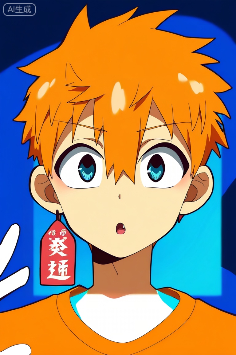 best quality,anime coloring,official style,4k,1boy,solo,male focus,upper body,from front,looking at the viewer,v,Minamoto_Kou,short hair,orange hair,hair between eyes,blue eyes,earrings,fang