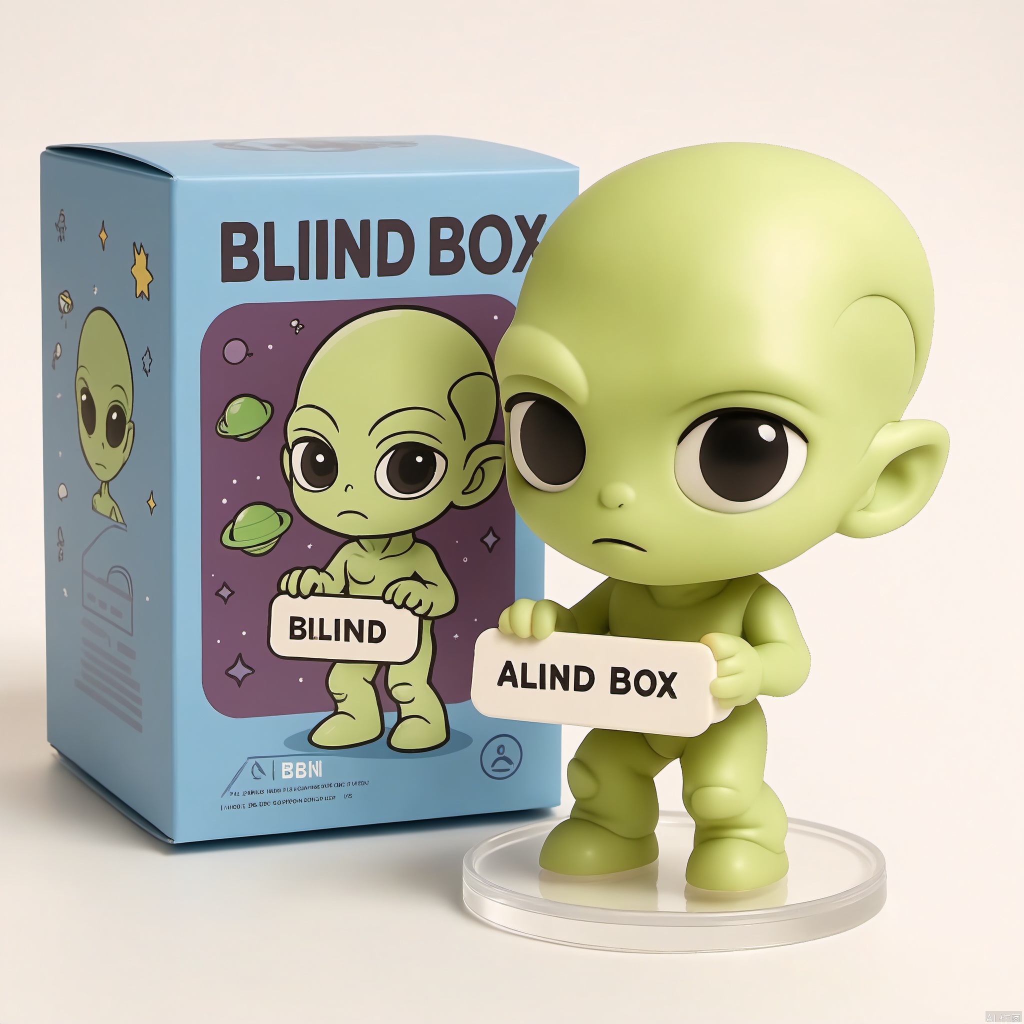 The image shows a chibi-style figurine,the figurine is a alien,driving a UFO,  alien theme blind box,  background is indoor, the figurine is placed on a transparent circular base. Behind the figurine is a box with the text "Blind Box" . The box is the figurine look.
