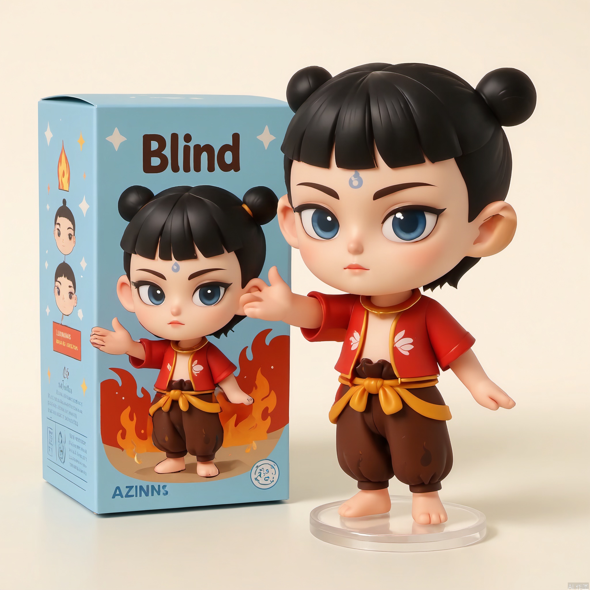 The image shows a chibi-style figurine,the figurine is a boy, LZNZ,red clothes, A round face with expressive large eyes, topped with short black hair styled in two small buns. A blue dot adorns the forehead, The background is flames,the figurine is placed on a transparent circular base. Behind the figurine is a box with the text "Blind Box" . The box is the figurine look.