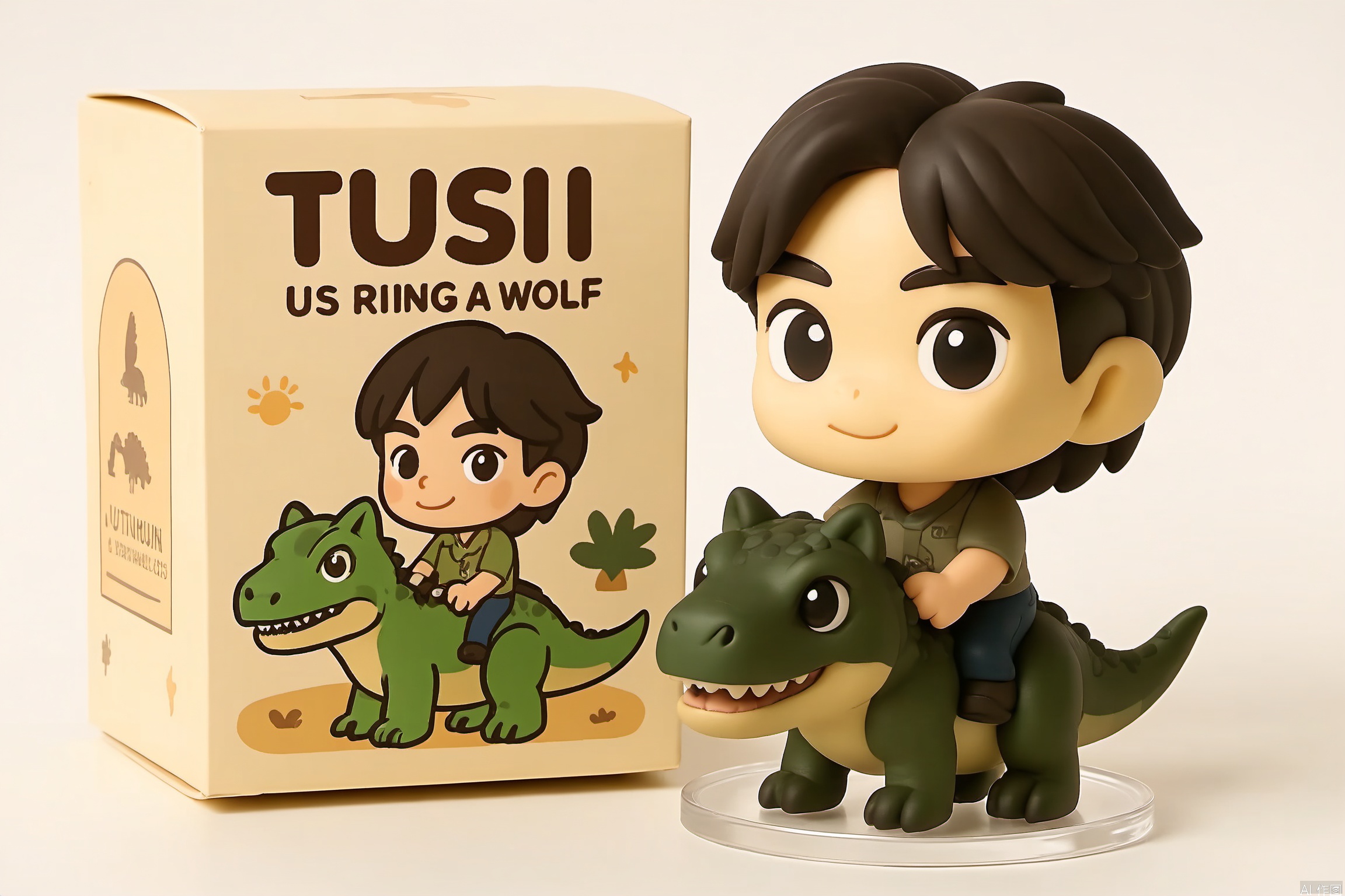 The image shows a chibi-style figurine,the figurine is A dinosaur is riding a wolf on its back, the figurine is placed on a transparent circular base. Behind the figurine is a box with the text "TUSI" . The box is the figurine look. The overall scene is bright and cheerful, with a focus on the figurine and its accessories.