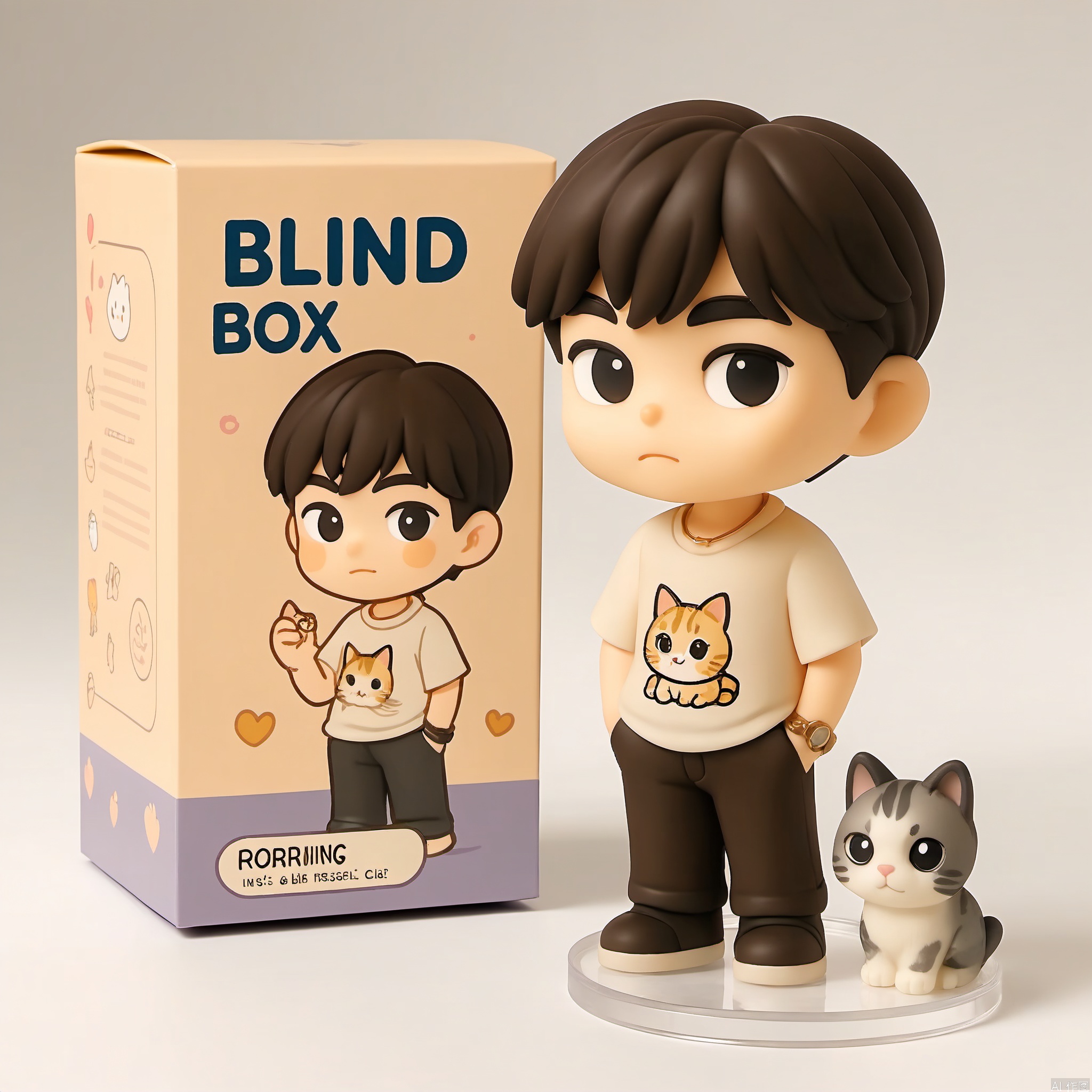 The image shows a chibi-style figurine,the figurine is a boy,with a little cat,  pet theme blind box,  background is indoor, the figurine is placed on a transparent circular base. Behind the figurine is a box with the text "Blind Box" . The box is the figurine look.
