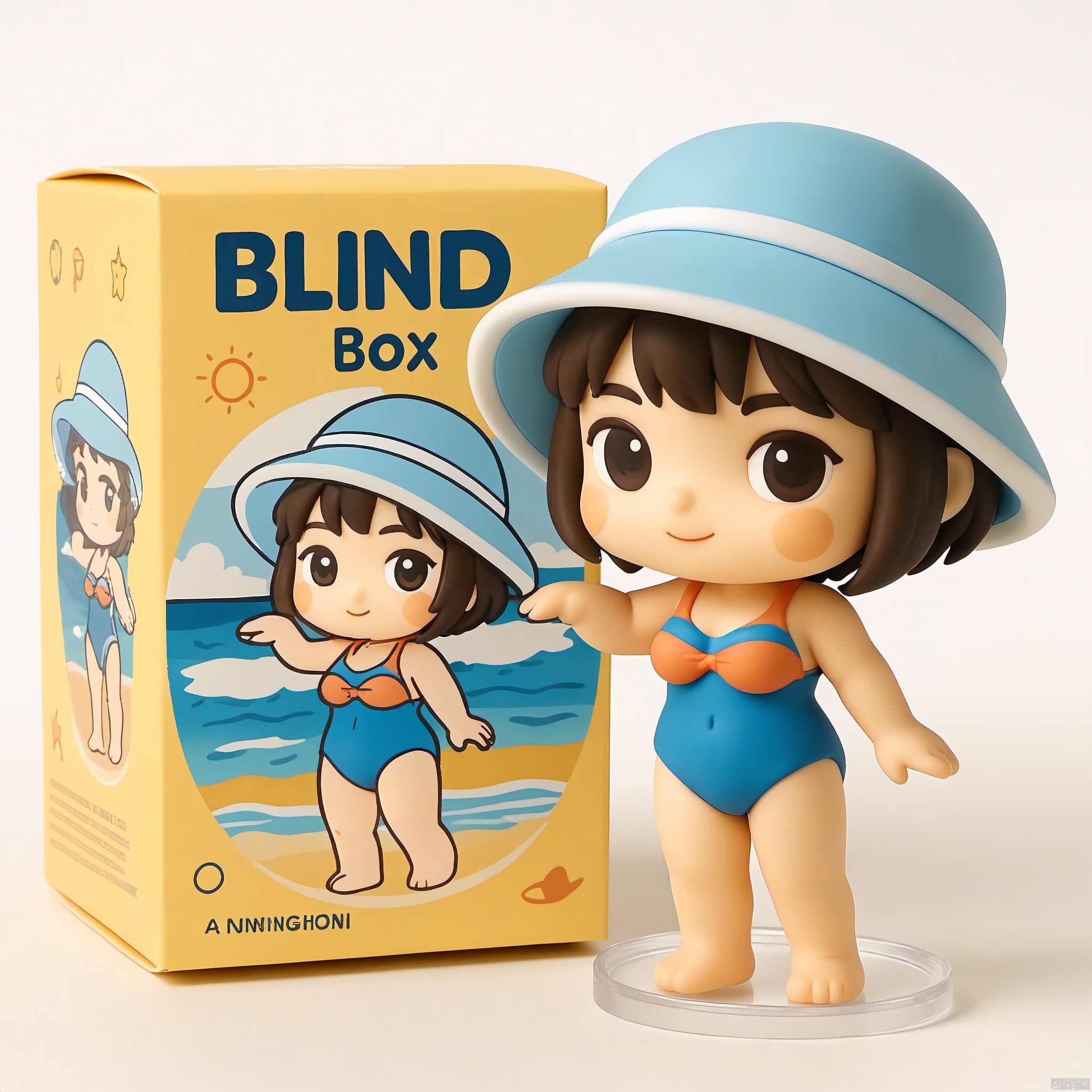The image shows a chibi-style figurine,the figurine is a girl, Swimsuit, Swimming Circle, Beach Hat, summer theme blue blind box,  background is beach, the figurine is placed on a transparent circular base. Behind the figurine is a box with the text "Blind Box" . The box is the figurine look.