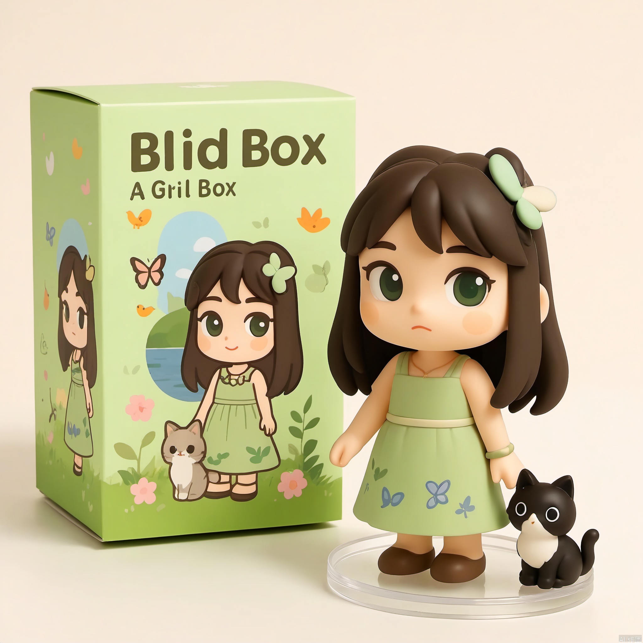 The image shows a chibi-style figurine,the figurine is a girl wear a dress,butterfly, birds, cat, spring theme green blind box,  background is lake, the figurine is placed on a transparent circular base. Behind the figurine is a box with the text "Blind Box" . The box is the figurine look.