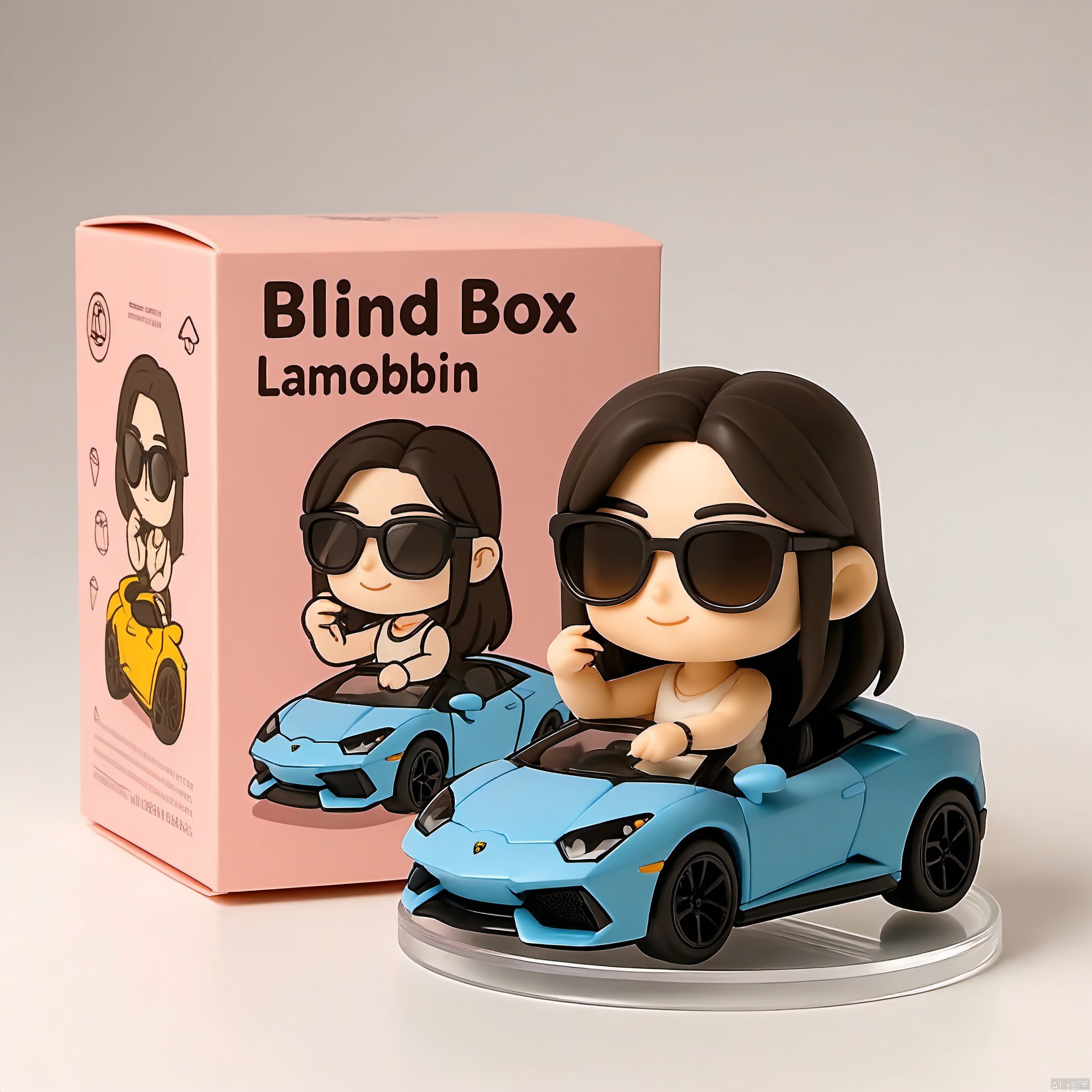 The image shows a chibi-style figurine,the figurine is a girl with a sunglasses ,driving a Lamborghini, car theme blind box,  background is indoor, the figurine is placed on a transparent circular base. Behind the figurine is a box with the text "Blind Box" . The box is the figurine look.