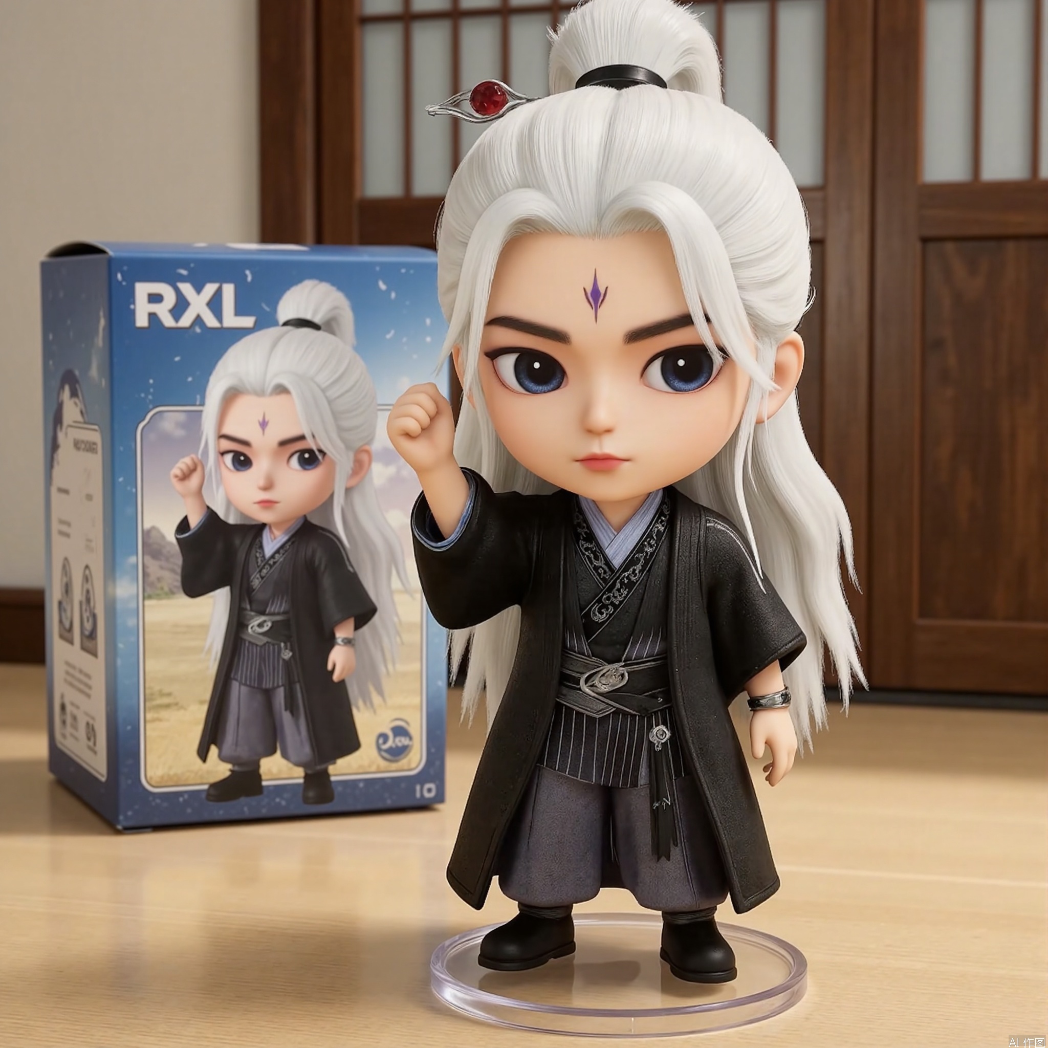 Blue eyes,black robe,Wide sleeves,Sleeve over wrist,Hanfu,Hairpin,belt,indoor,solo,Long sleeves,stand,Long hair,whole body,robe,Hanfu,Black cloth shoes,Composition from different angles,wl,white hair,forehead mark,wanglin .The image shows a chibi-style figurine, the figurine is placed on a transparent circular base. Behind the figurine is a box with the text "RXL" . The box is the figurine look. The overall scene is bright and cheerful, with a focus on the figurine and its accessories.,RXL Blind box