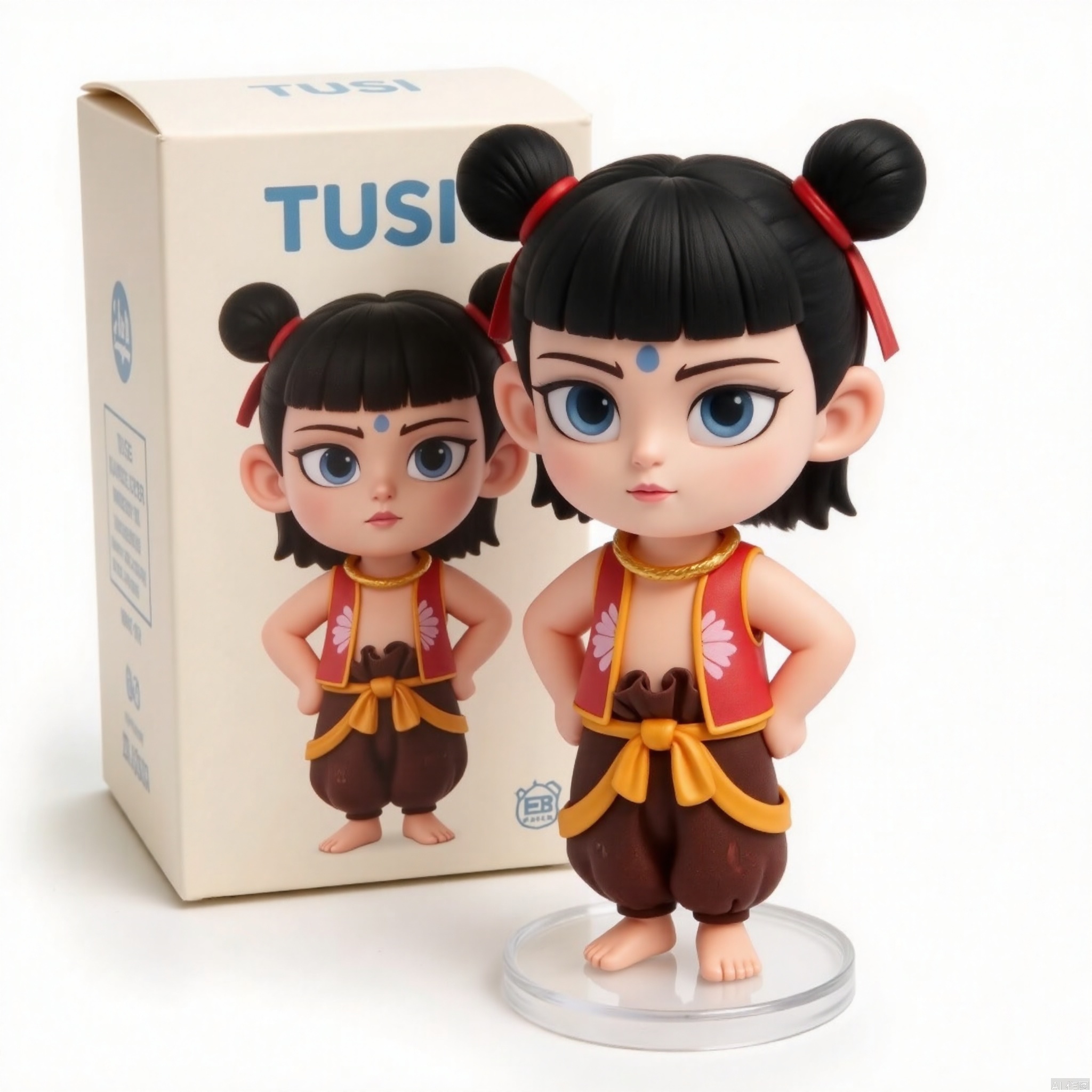 The image shows a chibi-style figurine,the figurine is a boy, LZNZ,red clothes, A round face with expressive large eyes, topped with short black hair styled in two small buns. A blue dot adorns the forehead, , the figurine is placed on a transparent circular base. Behind the figurine is a box with the text "TUSI" . The box is the figurine look.