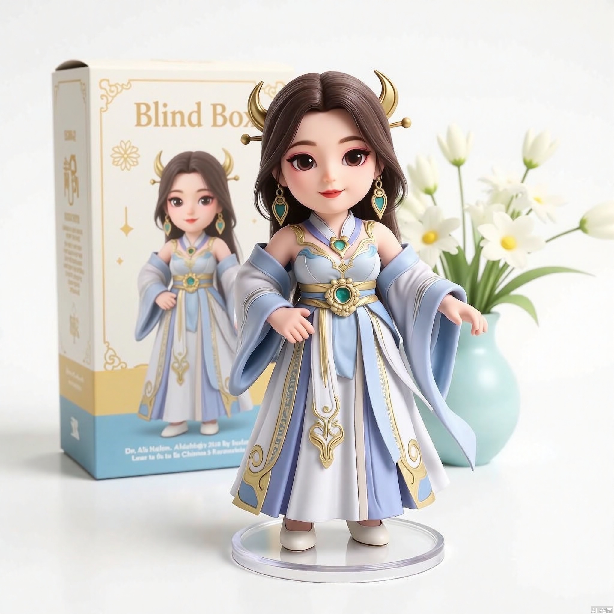 smile,1girl, (full body:1.3),XhengeY, white high heels shoes, The character dressed in an elaborate, traditional outfit. The character is wearing a flowing, light blue and white robe adorned with intricate golden patterns and a large, ornate brooch featuring a prominent green gemstone. The robe is complemented by long, translucent sleeves that extend to the wrists .The image shows a 3D-style figurine, the figurine is placed on a transparent circular base. Behind the figurine is a box with the text "Blind Box" . The box is the figurine look. The overall scene is bright and cheerful, with a focus on the figurine and its accessories.,RXL Blind box