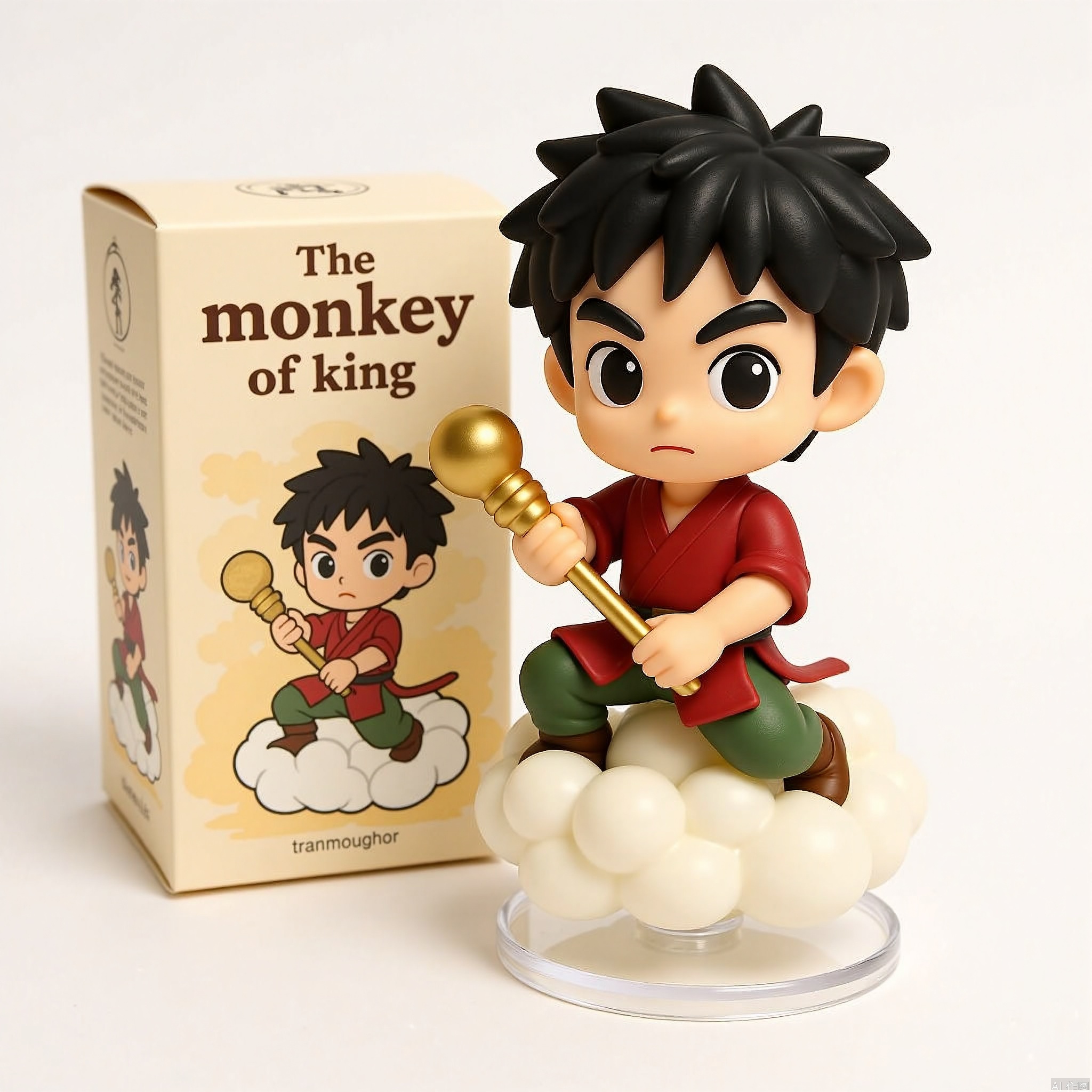 The image shows a chibi-style figurine,the figurine is Sun Wukong is holding a golden cudgel and riding a somersault cloud, the figurine is placed on a transparent circular base. Behind the figurine is a box with the text "The monkey of king" . The box is the figurine look.