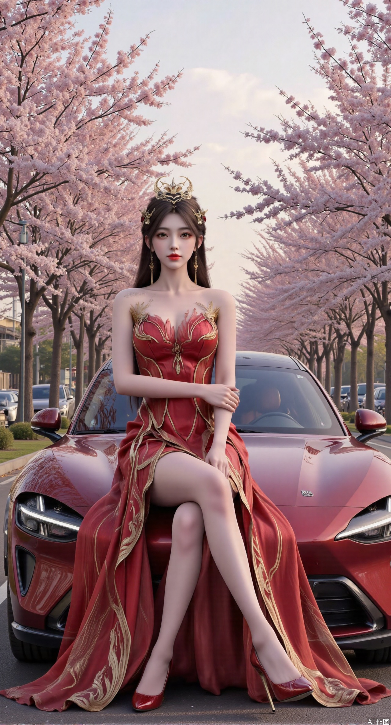  SFW,Best quality, masterpiece, 8k, 1 girl, sitting on the front headlights of a sports car, single, black hair, red long dress, vehicle focus, crossed arms, brown eyes, armbands, long skirt, strapless dress, high heels, long hair,, full body, looking at the audience, chest, bare shoulders, red sports car,Xyu7,.(huge breasts:2.99),(full breasts:2.99),(The road is lined with cherry blossoms, and the road is covered with cherry blossoms:1.29),XyueliuY,XchulingyuY,XliumeiY,XtianqiongY,Xaorun,XlishaoyinY,Xanmiaoyi,XhuolingerHHY,XwangqiuerKQW,Xxuenv