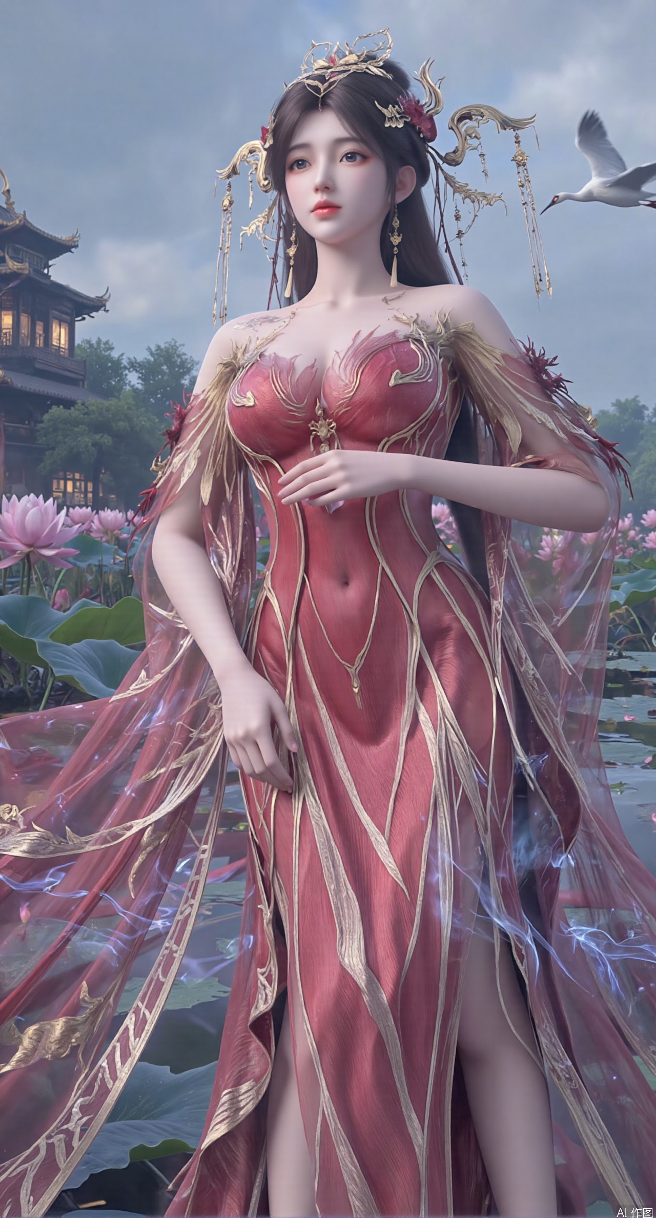 SFW,(masterpiece:1.2),best quality,1girl,solo,long hair,long dress,celestial maiden in flowing tulle gown levitates above lotus pond, ethereal mist trails from hair ribbons, mythical Penglai paradise emerges through clouds with glowing pavilions, translucent bioluminescent lotus blooms, flock of cranes gliding over water surface, ultra HD with soft 3D rendering, morning light filters through mist, falling petal rain, intricate details on scale-patterned fabric and lotus veins.(huge breasts:2.99),(full breasts:2.99),,XtianqiongY,XliumeiY,XyueliuY,Xxiaowu,Xyusanniang,Xxuenv
