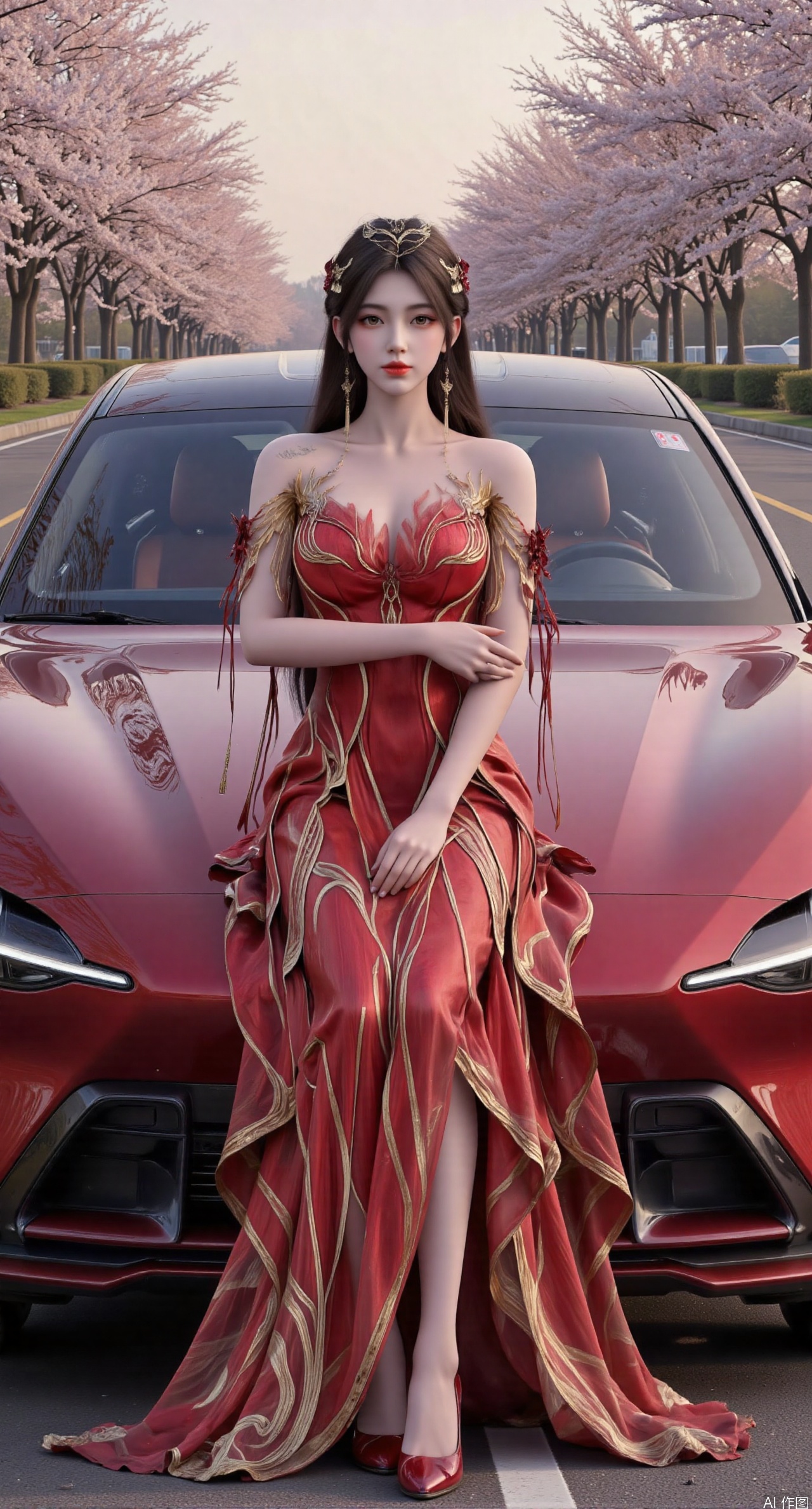  SFW,Best quality, masterpiece, 8k, 1 girl, sitting on the front headlights of a sports car, single, black hair, red long dress, vehicle focus, crossed arms, brown eyes, armbands, long skirt, strapless dress, high heels, long hair,, full body, looking at the audience, chest, bare shoulders, red sports car,Xyu7,.(huge breasts:2.99),(full breasts:2.99),(The road is lined with cherry blossoms, and the road is covered with cherry blossoms:1.29),XyueliuY,XchulingyuY,XliumeiY,XtianqiongY,Xaorun,XlishaoyinY,Xanmiaoyi,XhuolingerHHY,XwangqiuerKQW,Xxuenv