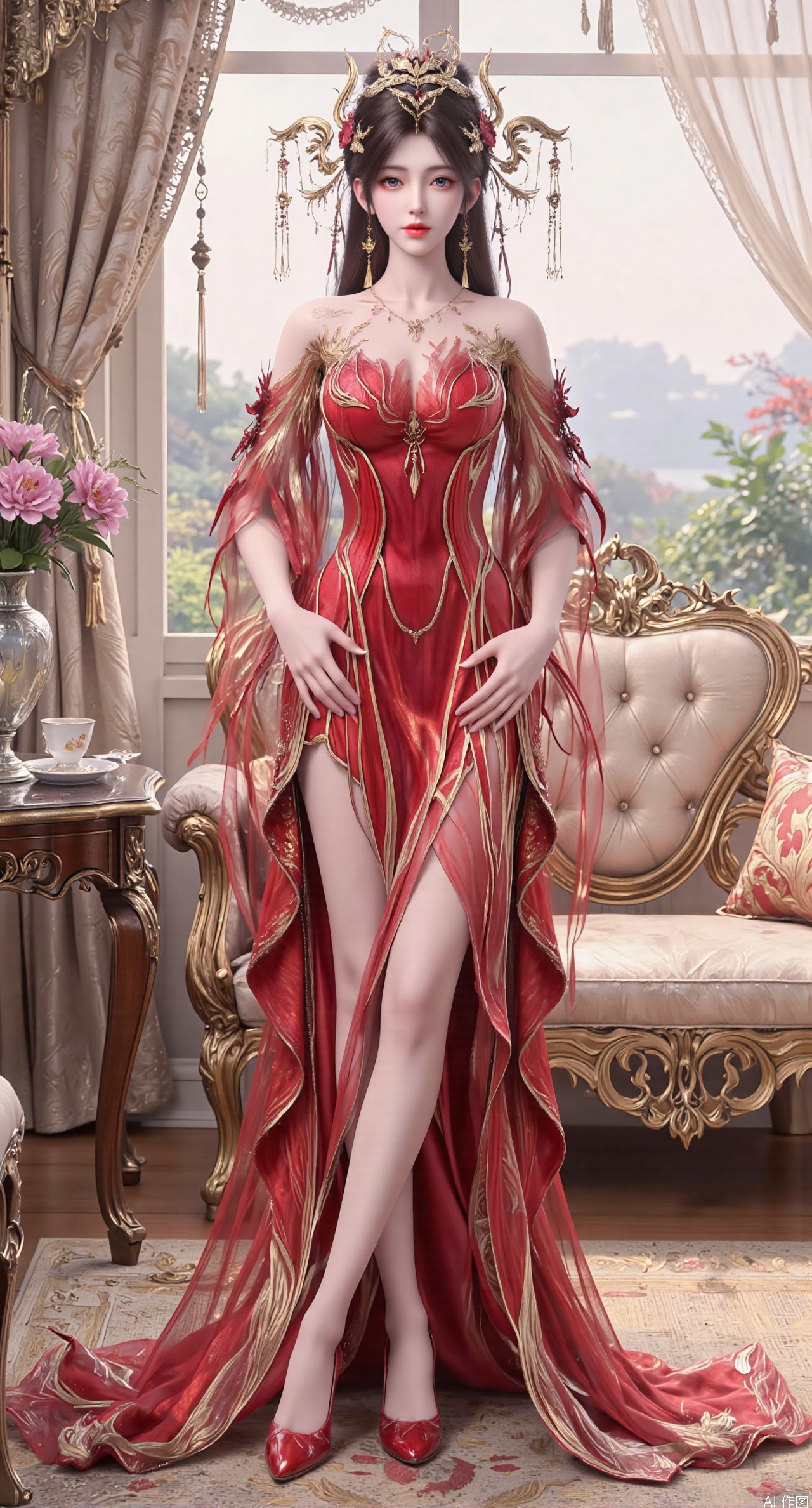 Ultra clear, wallpaper, 8k, masterpiece, 1girl, solo, long hair, breasts, looking at viewer, bangs, large breasts,long dress,, bare shoulders, jewelry, black hair, standing, purple eyes, full body, flower, thighs, indoors, hair bun, red dress, high heels, cup, see-through, book, bare legs, window, table, red footwear, standing on one leg, curtains, pink flower, side slit, vase, ,(huge breasts:2.99),(full breasts:2.99),phone screen,XanmiaoyiY,XhuolingerHHY,XwangqiuerKQW,Xxuenv