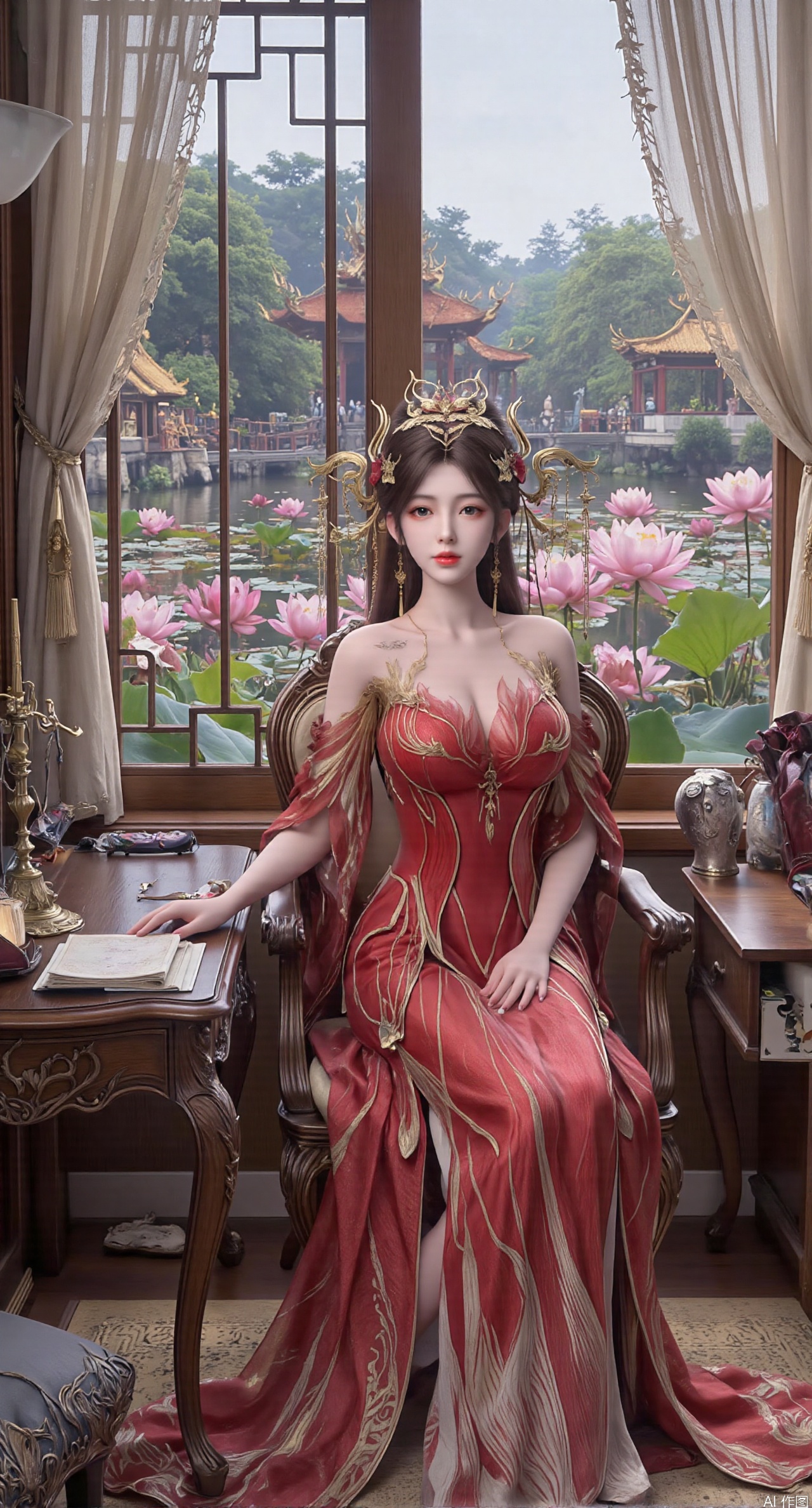 SFW,(masterpiece, best quality:1.2),1girl, solo, long dress,Ancient princess's boudoir with bright color palette,,(huge breasts:2.39),(full breasts:2.39), Hanfu-clad maiden sitting by latticed window desk in romantic daydreaming posture, classical Chinese garden through window showcasing lotus pond filled with blooming pink and white lotuses, delicate ink-wash painting style, interior featuring rosewood furniture with mother-of-pearl inlay, silk curtains fluttering in breeze, porcelain stationery set on desk, distant view of curved bridges and pavilions in garden, ultra HD rendering with crisp details on embroidered garments and translucent lotus petals,,(huge breasts:2.99),(full breasts:2.99),,XtianqiongY,XliumeiY,XyueliuY,Xxiaowu,Xyusanniang,Xxuenv,XhuolingerHHY