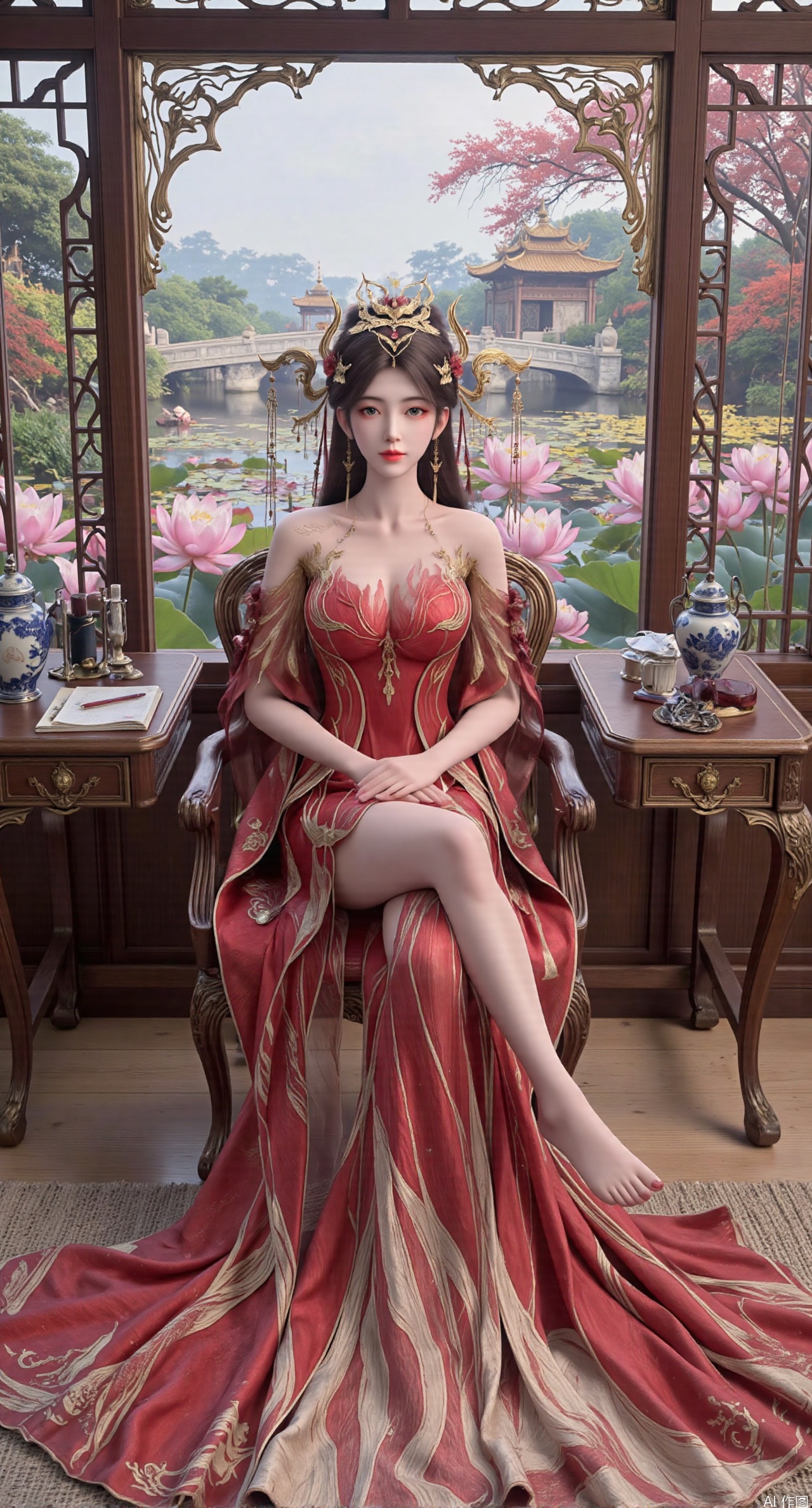SFW,(masterpiece, best quality:1.2),1girl, solo, long dress,Ancient princess's boudoir with bright color palette,,(huge breasts:2.39),(full breasts:2.39), Hanfu-clad maiden sitting by latticed window desk in romantic daydreaming posture, classical Chinese garden through window showcasing lotus pond filled with blooming pink and white lotuses, delicate ink-wash painting style, interior featuring rosewood furniture with mother-of-pearl inlay, silk curtains fluttering in breeze, porcelain stationery set on desk, distant view of curved bridges and pavilions in garden, ultra HD rendering with crisp details on embroidered garments and translucent lotus petals,,(huge breasts:2.99),(full breasts:2.99),,XtianqiongY,XliumeiY,XyueliuY,Xxiaowu,Xyusanniang,Xxuenv,XhuolingerHHY
