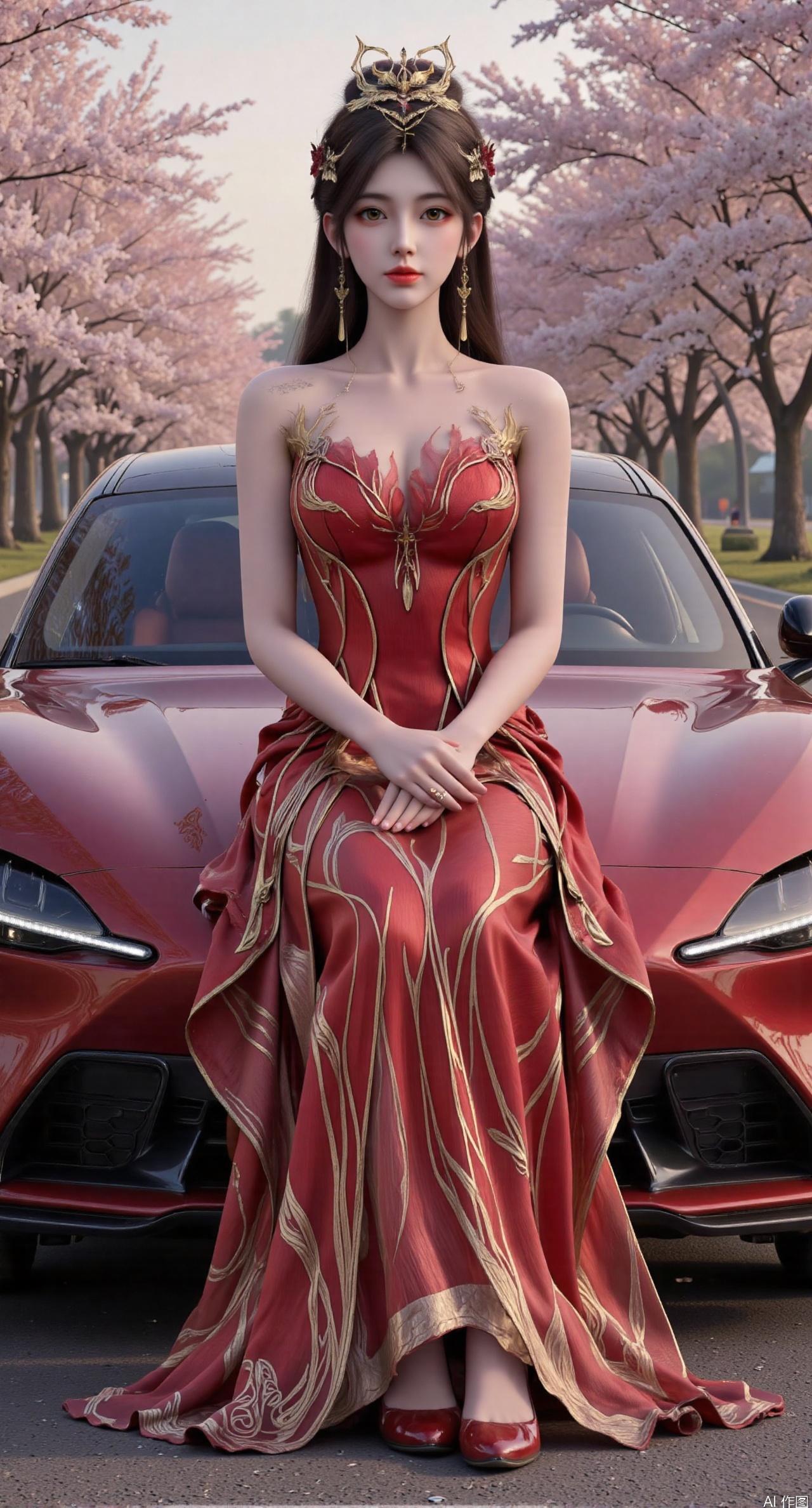  SFW,Best quality, masterpiece, 8k, 1 girl, sitting on the front headlights of a sports car, single, black hair, red long dress, vehicle focus, crossed arms, brown eyes, armbands, long skirt, strapless dress, high heels, long hair,, full body, looking at the audience, chest, bare shoulders, red sports car,Xyu7,.(huge breasts:2.99),(full breasts:2.99),(The road is lined with cherry blossoms, and the road is covered with cherry blossoms:1.29),XyueliuY,XchulingyuY,XliumeiY,XtianqiongY,Xaorun,XlishaoyinY,Xanmiaoyi,XhuolingerHHY,XwangqiuerKQW,Xxuenv
