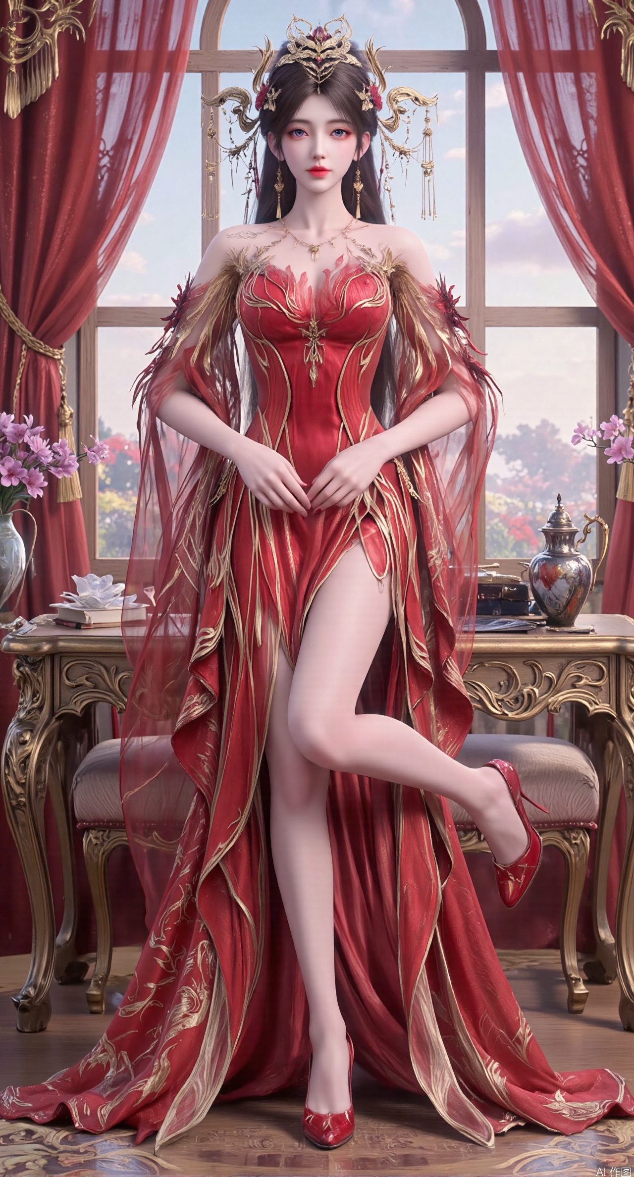 Ultra clear, wallpaper, 8k, masterpiece, 1girl, solo, long hair, breasts, looking at viewer, bangs, large breasts,long dress,, bare shoulders, jewelry, black hair, standing, purple eyes, full body, flower, thighs, indoors, hair bun, red dress, high heels, cup, see-through, book, bare legs, window, table, red footwear, standing on one leg, curtains, pink flower, side slit, vase, ,(huge breasts:2.99),(full breasts:2.99),phone screen,XanmiaoyiY,XhuolingerHHY,XwangqiuerKQW,Xxuenv