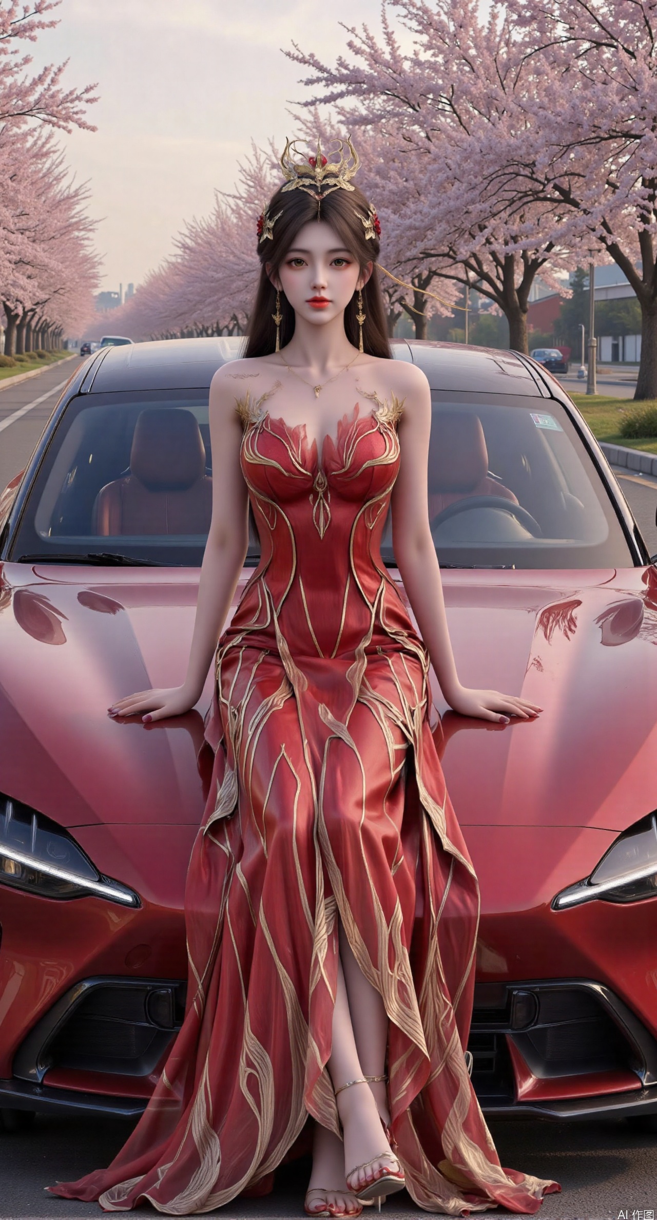  SFW,Best quality, masterpiece, 8k, 1 girl, sitting on the front headlights of a sports car, single, black hair, red long dress, vehicle focus, crossed arms, brown eyes, armbands, long skirt, strapless dress, high heels, long hair,, full body, looking at the audience, chest, bare shoulders, red sports car,Xyu7,.(huge breasts:2.99),(full breasts:2.99),(The road is lined with cherry blossoms, and the road is covered with cherry blossoms:1.29),XyueliuY,XchulingyuY,XliumeiY,XtianqiongY,Xaorun,XlishaoyinY,Xanmiaoyi,XhuolingerHHY,XwangqiuerKQW,Xxuenv