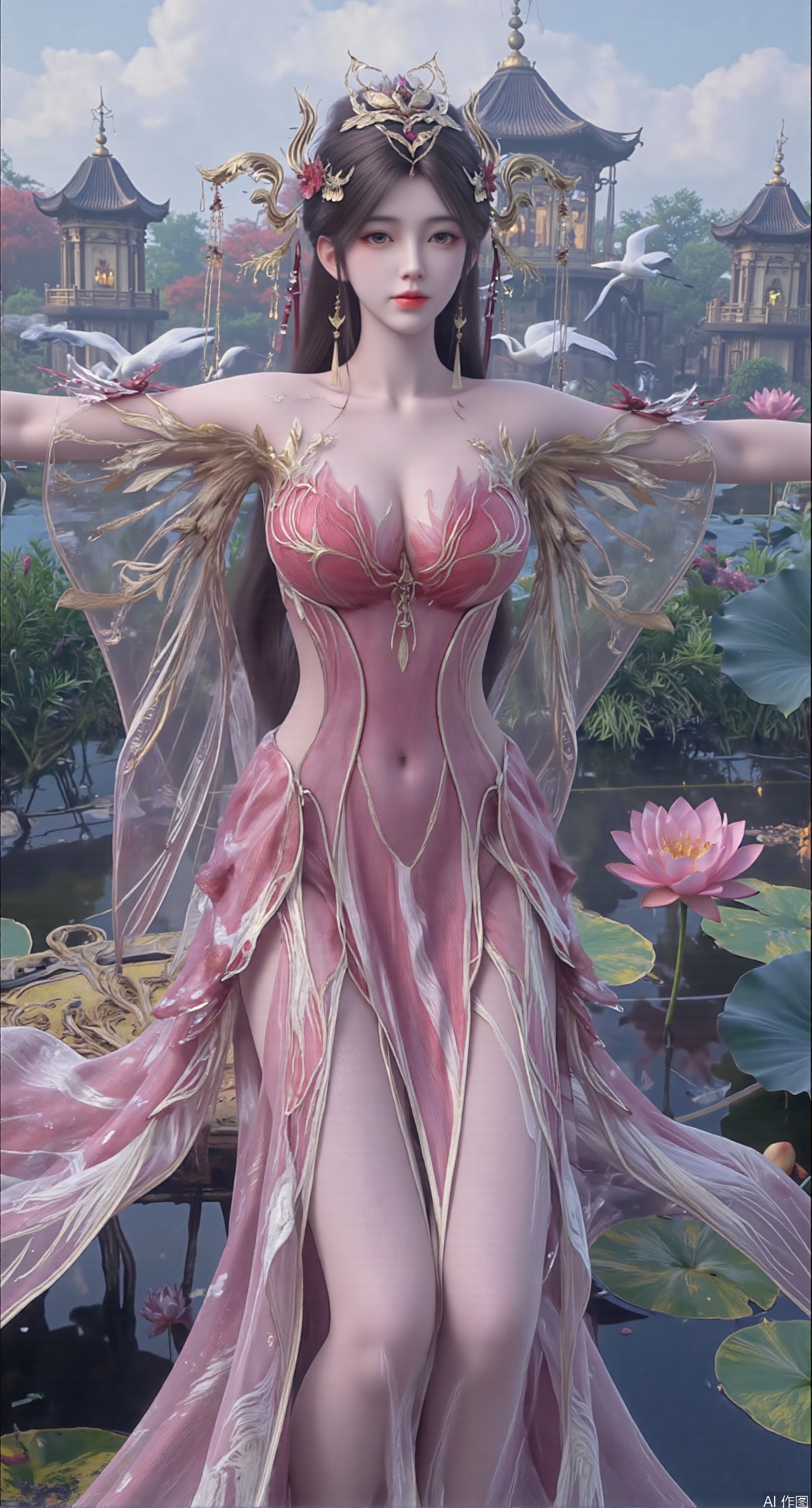 SFW,(masterpiece:1.2),best quality,1girl,solo,long hair,long dress,celestial maiden in flowing tulle gown levitates above lotus pond, ethereal mist trails from hair ribbons, mythical Penglai paradise emerges through clouds with glowing pavilions, translucent bioluminescent lotus blooms, flock of cranes gliding over water surface, ultra HD with soft 3D rendering, morning light filters through mist, falling petal rain, intricate details on scale-patterned fabric and lotus veins.(huge breasts:2.99),(full breasts:2.99),,XtianqiongY,XliumeiY,XyueliuY,Xxiaowu,Xyusanniang,Xxuenv