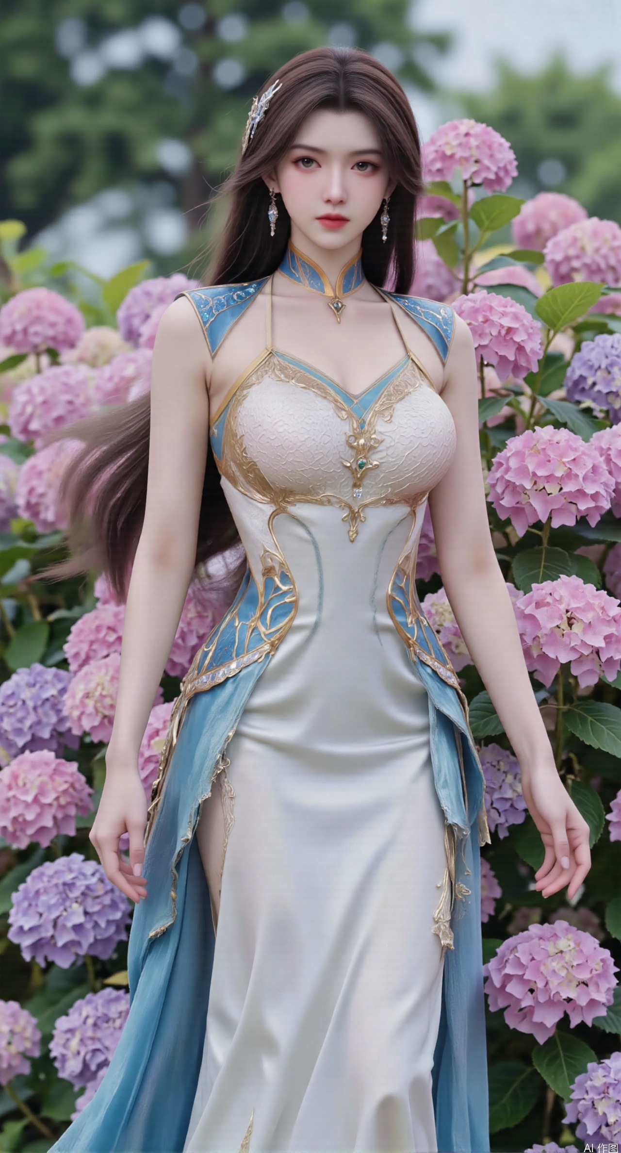  SFW,(masterpiece:1.2),best quality,absurdres,masterpiece,original,extremely detailed wallpaper,perfect lighting,1girl,solo,looking at viewer,(cowboy_shot:1.3),long hair,high heels,blurry background,depth of field,motion blur,(long dress:1.23),china_dress,chinese_style,bare shouders,crystal_earrings,headpiece,hair_tie,chest_jewel,gem,necklace,jewelry,in summer,day,outdoors,nature,garden,,(standing,Hydrangea, Hydrangea Field:1.59),(huge breasts:2.99),(full breasts:2.99),Xzhihua,Xsiyouyou,Xyanruyu,Xmoxiaonan,Xyeqingxian,Xyunwangshu,XlishaoyinY,Xxiaowu,Xyusanniang,XhuolingerHHY,Xwangqiuer,Xxuenv