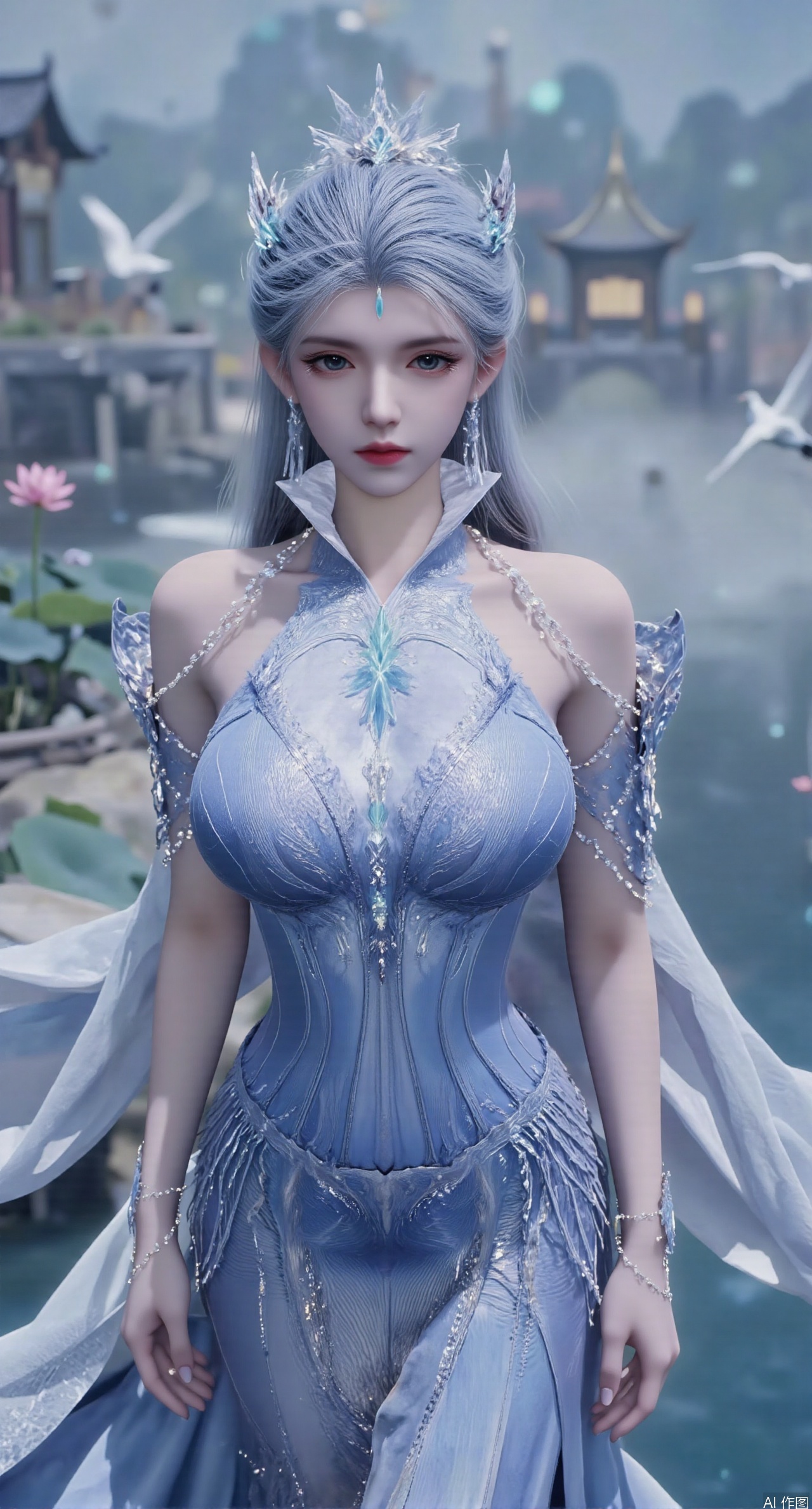  SFW,(masterpiece:1.2),best quality,1girl,solo,long hair,long dress,celestial maiden in flowing tulle gown levitates above lotus pond, ethereal mist trails from hair ribbons, mythical Penglai paradise emerges through clouds with glowing pavilions, translucent bioluminescent lotus blooms, flock of cranes gliding over water surface, ultra HD with soft 3D rendering, morning light filters through mist, falling petal rain, intricate details on scale-patterned fabric and lotus veins.(huge breasts:2.99),(full breasts:2.99),Xzhihua,Xsiyouyou,Xyanruyu,Xmoxiaonan,Xyeqingxian,Xyunwangshu,XlishaoyinY,Xxiaowu,Xyusanniang,XhuolingerHHY,Xwangqiuer,Xxuenv,XfuquY