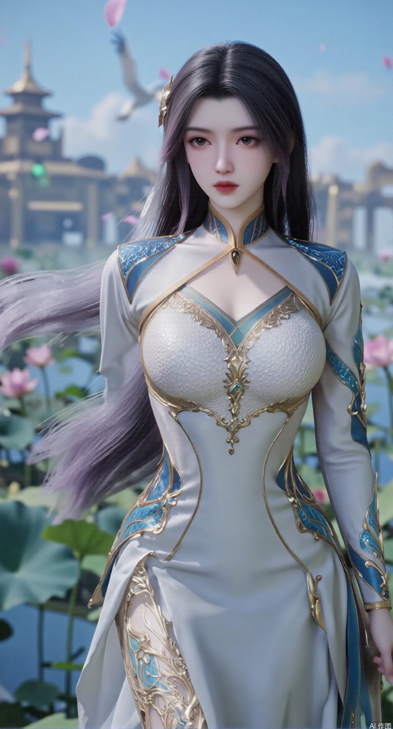  SFW,(masterpiece:1.2),best quality,1girl,solo,long hair,long dress,celestial maiden in flowing tulle gown levitates above lotus pond, ethereal mist trails from hair ribbons, mythical Penglai paradise emerges through clouds with glowing pavilions, translucent bioluminescent lotus blooms, flock of cranes gliding over water surface, ultra HD with soft 3D rendering, morning light filters through mist, falling petal rain, intricate details on scale-patterned fabric and lotus veins.(huge breasts:2.99),(full breasts:2.99),Xzhihua,Xsiyouyou,Xyanruyu,Xmoxiaonan,Xyeqingxian,Xyunwangshu,XlishaoyinY,Xxiaowu,Xyusanniang,XhuolingerHHY,Xwangqiuer,Xxuenv,XfuquY