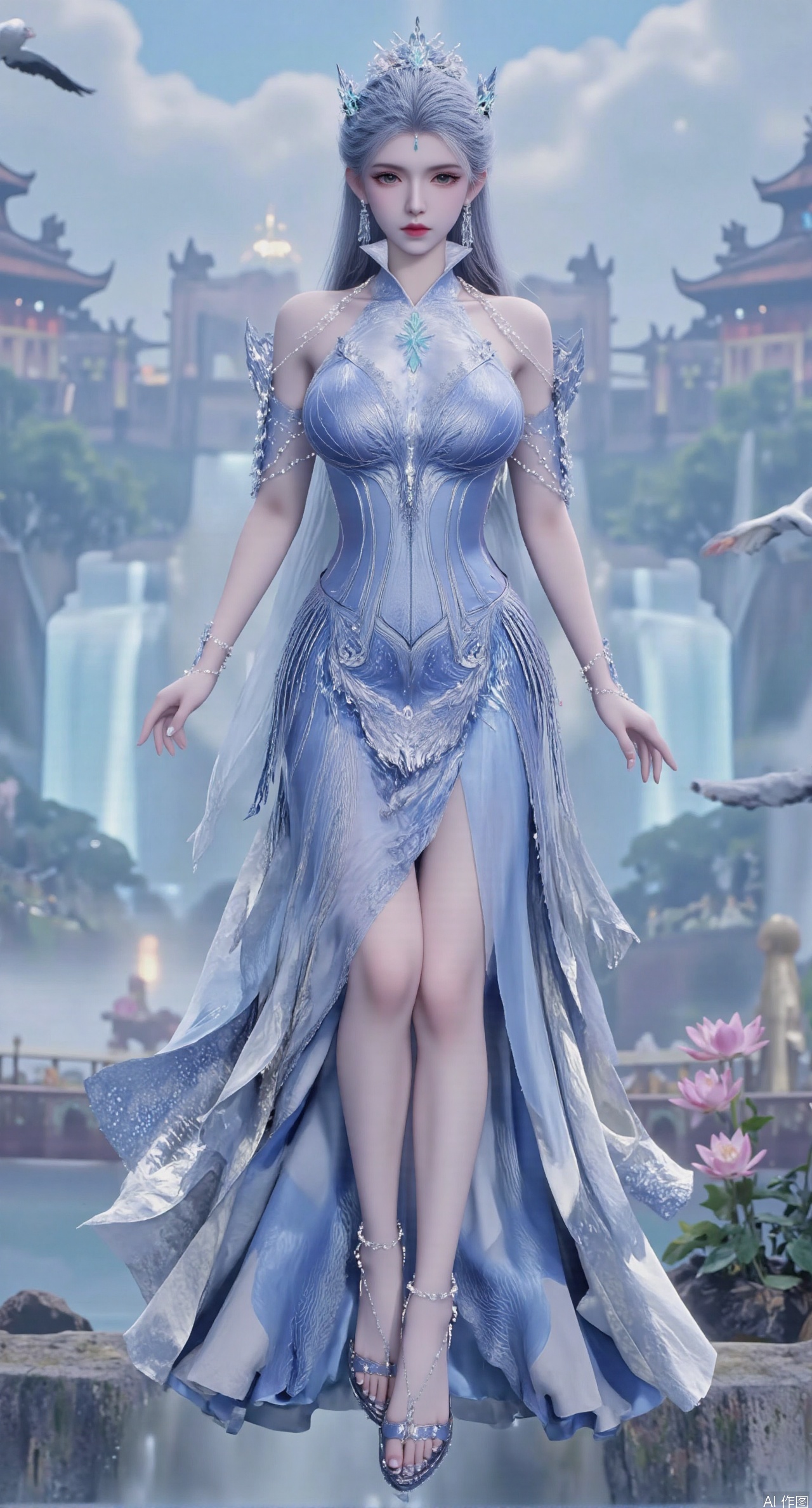  SFW,(masterpiece:1.2),best quality,1girl,solo,long hair,long dress,celestial maiden in flowing tulle gown levitates above lotus pond, ethereal mist trails from hair ribbons, mythical Penglai paradise emerges through clouds with glowing pavilions, translucent bioluminescent lotus blooms, flock of cranes gliding over water surface, ultra HD with soft 3D rendering, morning light filters through mist, falling petal rain, intricate details on scale-patterned fabric and lotus veins.(huge breasts:2.99),(full breasts:2.99),Xzhihua,Xsiyouyou,Xyanruyu,Xmoxiaonan,Xyeqingxian,Xyunwangshu,XlishaoyinY,Xxiaowu,Xyusanniang,XhuolingerHHY,Xwangqiuer,Xxuenv,XfuquY