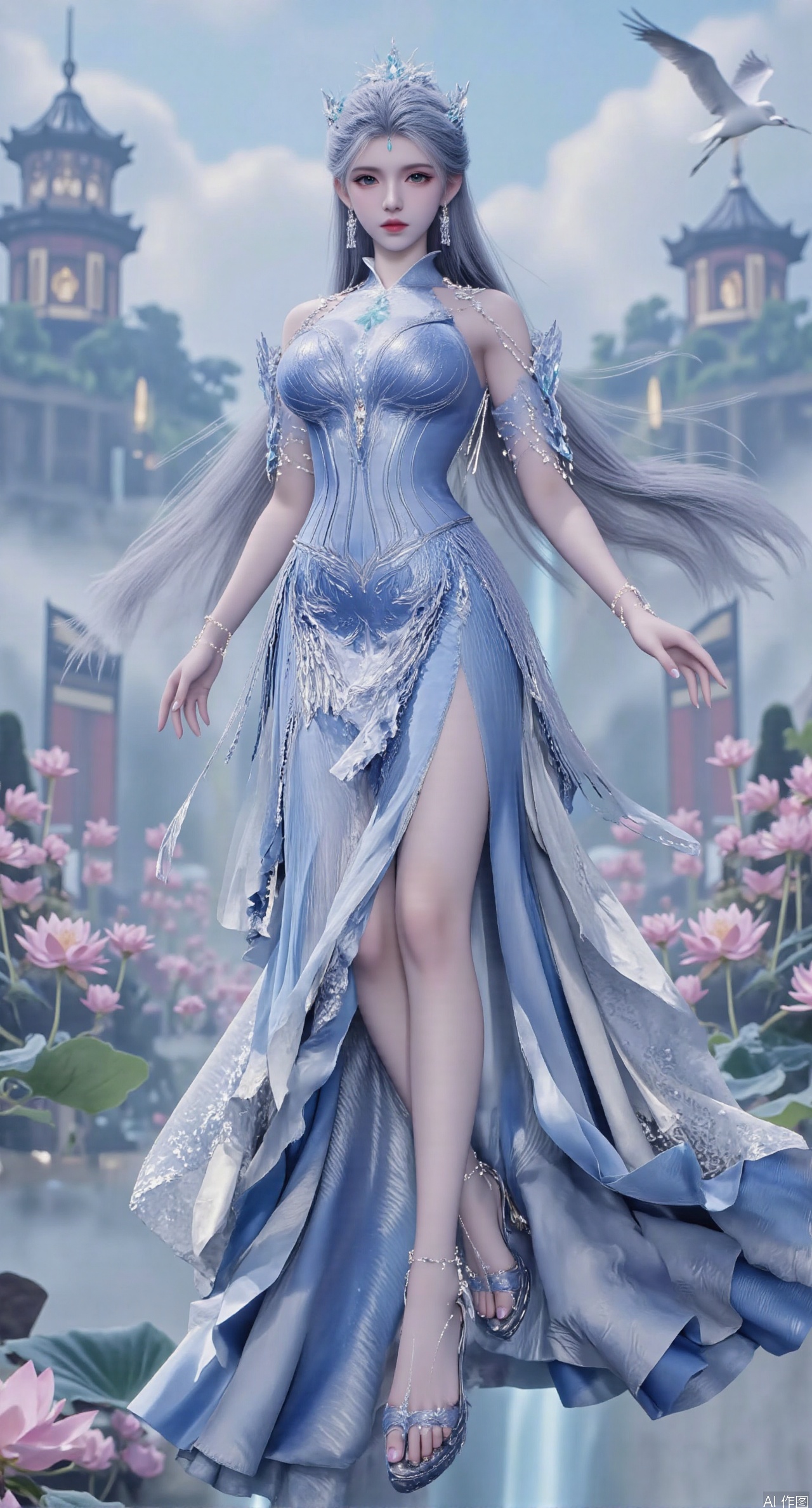  SFW,(masterpiece:1.2),best quality,1girl,solo,long hair,long dress,celestial maiden in flowing tulle gown levitates above lotus pond, ethereal mist trails from hair ribbons, mythical Penglai paradise emerges through clouds with glowing pavilions, translucent bioluminescent lotus blooms, flock of cranes gliding over water surface, ultra HD with soft 3D rendering, morning light filters through mist, falling petal rain, intricate details on scale-patterned fabric and lotus veins.(huge breasts:2.99),(full breasts:2.99),Xzhihua,Xsiyouyou,Xyanruyu,Xmoxiaonan,Xyeqingxian,Xyunwangshu,XlishaoyinY,Xxiaowu,Xyusanniang,XhuolingerHHY,Xwangqiuer,Xxuenv,XfuquY