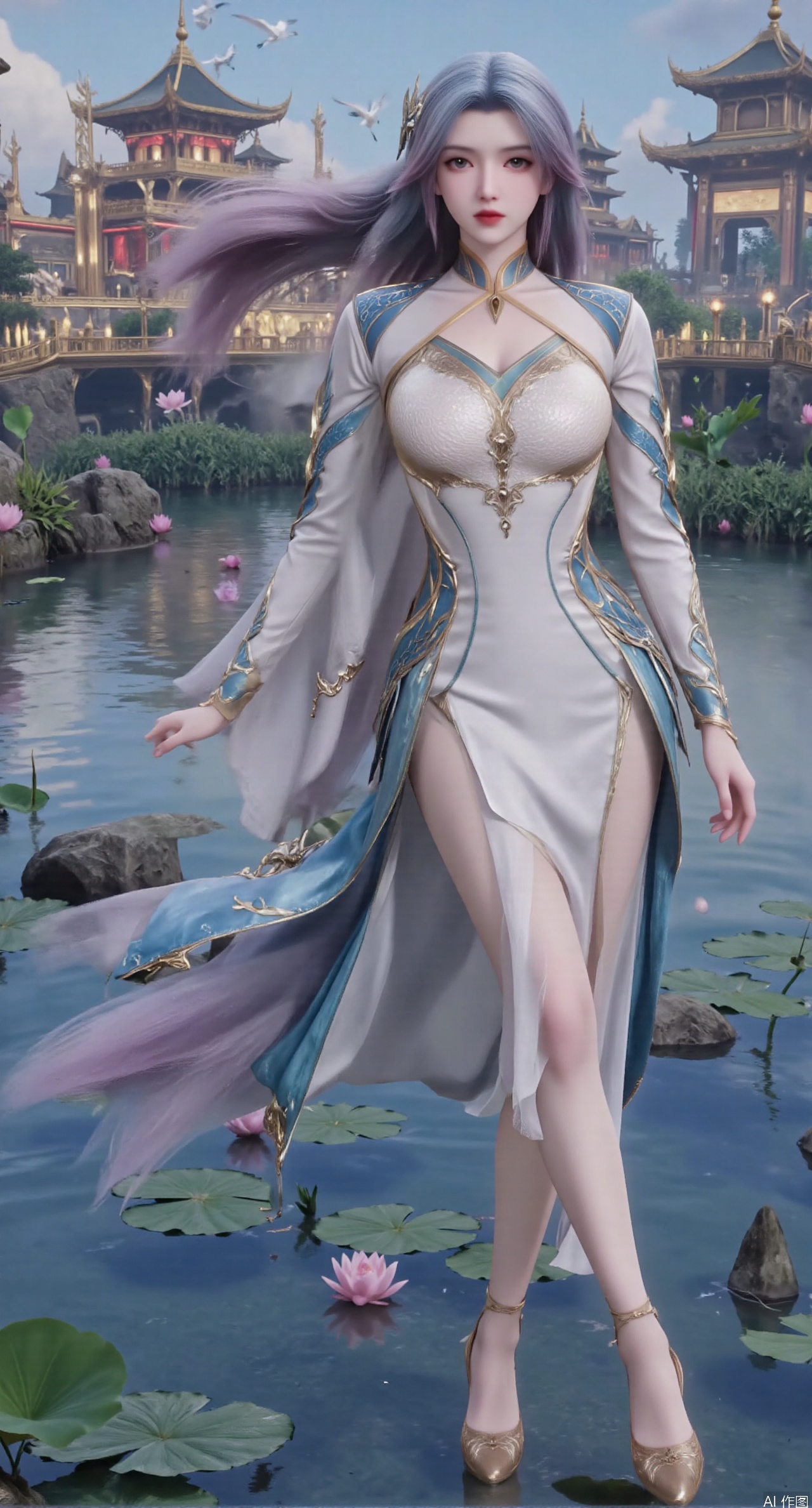  SFW,(masterpiece:1.2),best quality,1girl,solo,long hair,long dress,celestial maiden in flowing tulle gown levitates above lotus pond, ethereal mist trails from hair ribbons, mythical Penglai paradise emerges through clouds with glowing pavilions, translucent bioluminescent lotus blooms, flock of cranes gliding over water surface, ultra HD with soft 3D rendering, morning light filters through mist, falling petal rain, intricate details on scale-patterned fabric and lotus veins.(huge breasts:2.99),(full breasts:2.99),Xzhihua,Xsiyouyou,Xyanruyu,Xmoxiaonan,Xyeqingxian,Xyunwangshu,XlishaoyinY,Xxiaowu,Xyusanniang,XhuolingerHHY,Xwangqiuer,Xxuenv,XfuquY