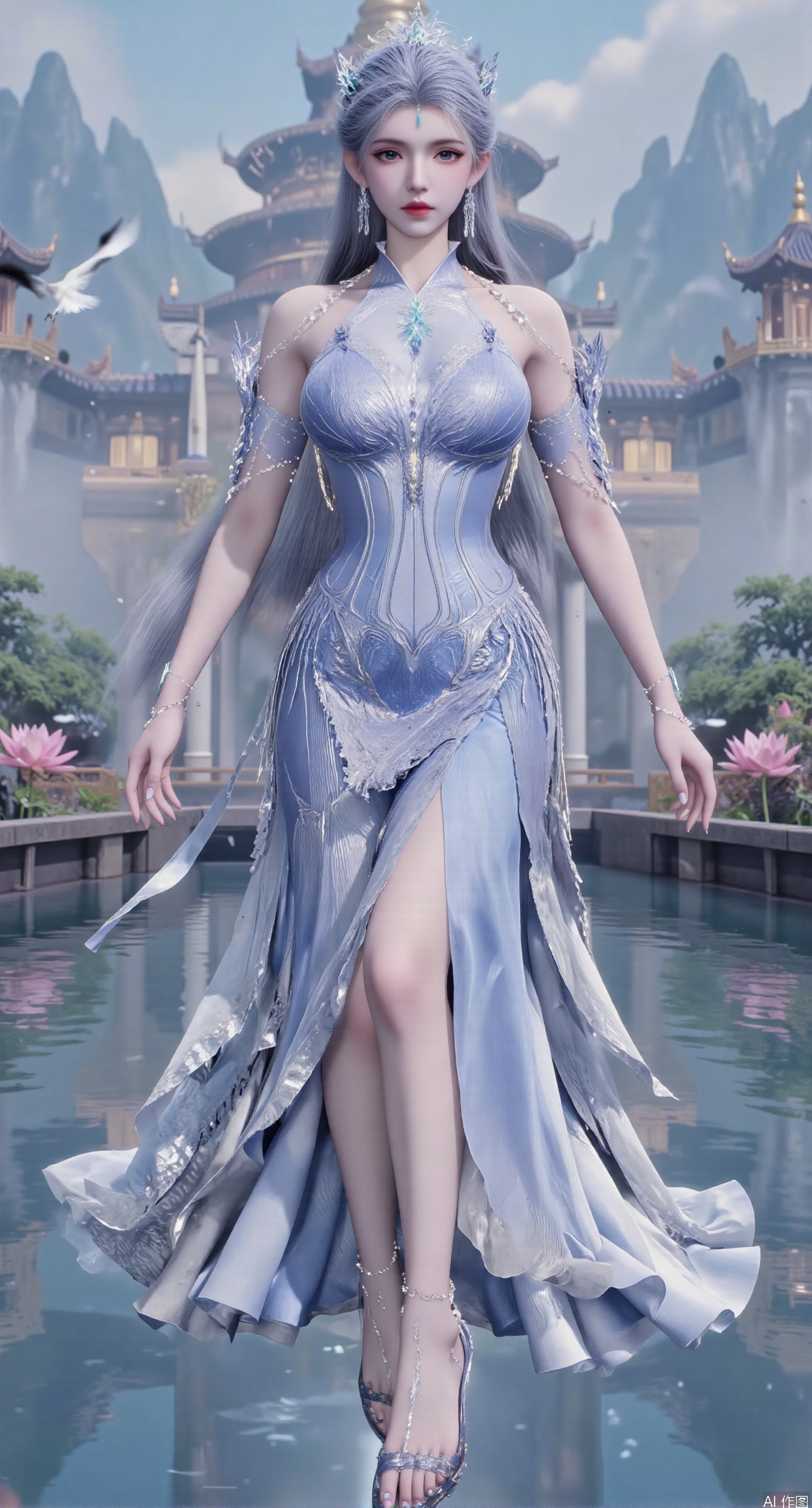  SFW,(masterpiece:1.2),best quality,1girl,solo,long hair,long dress,celestial maiden in flowing tulle gown levitates above lotus pond, ethereal mist trails from hair ribbons, mythical Penglai paradise emerges through clouds with glowing pavilions, translucent bioluminescent lotus blooms, flock of cranes gliding over water surface, ultra HD with soft 3D rendering, morning light filters through mist, falling petal rain, intricate details on scale-patterned fabric and lotus veins.(huge breasts:2.99),(full breasts:2.99),Xzhihua,Xsiyouyou,Xyanruyu,Xmoxiaonan,Xyeqingxian,Xyunwangshu,XlishaoyinY,Xxiaowu,Xyusanniang,XhuolingerHHY,Xwangqiuer,Xxuenv,XfuquY