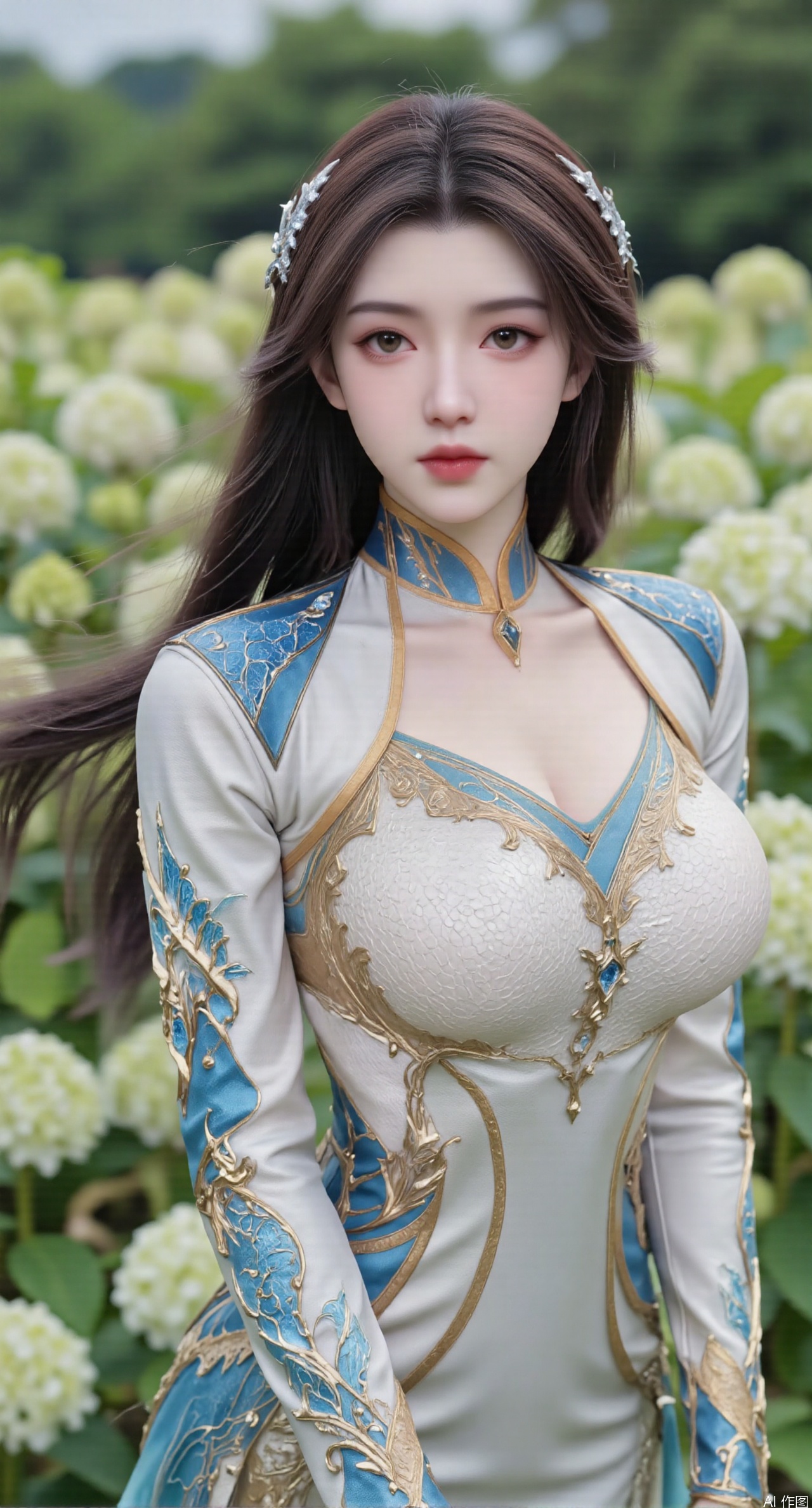  SFW,(masterpiece:1.2),best quality,absurdres,masterpiece,original,extremely detailed wallpaper,perfect lighting,1girl,solo,looking at viewer,(cowboy_shot:1.3),long hair,high heels,blurry background,depth of field,motion blur,(long dress:1.23),china_dress,chinese_style,bare shouders,crystal_earrings,headpiece,hair_tie,chest_jewel,gem,necklace,jewelry,in summer,day,outdoors,nature,garden,,(standing,Hydrangea, Hydrangea Field:1.59),(huge breasts:2.99),(full breasts:2.99),Xzhihua,Xsiyouyou,Xyanruyu,Xmoxiaonan,Xyeqingxian,Xyunwangshu,XlishaoyinY,Xxiaowu,Xyusanniang,XhuolingerHHY,Xwangqiuer,Xxuenv