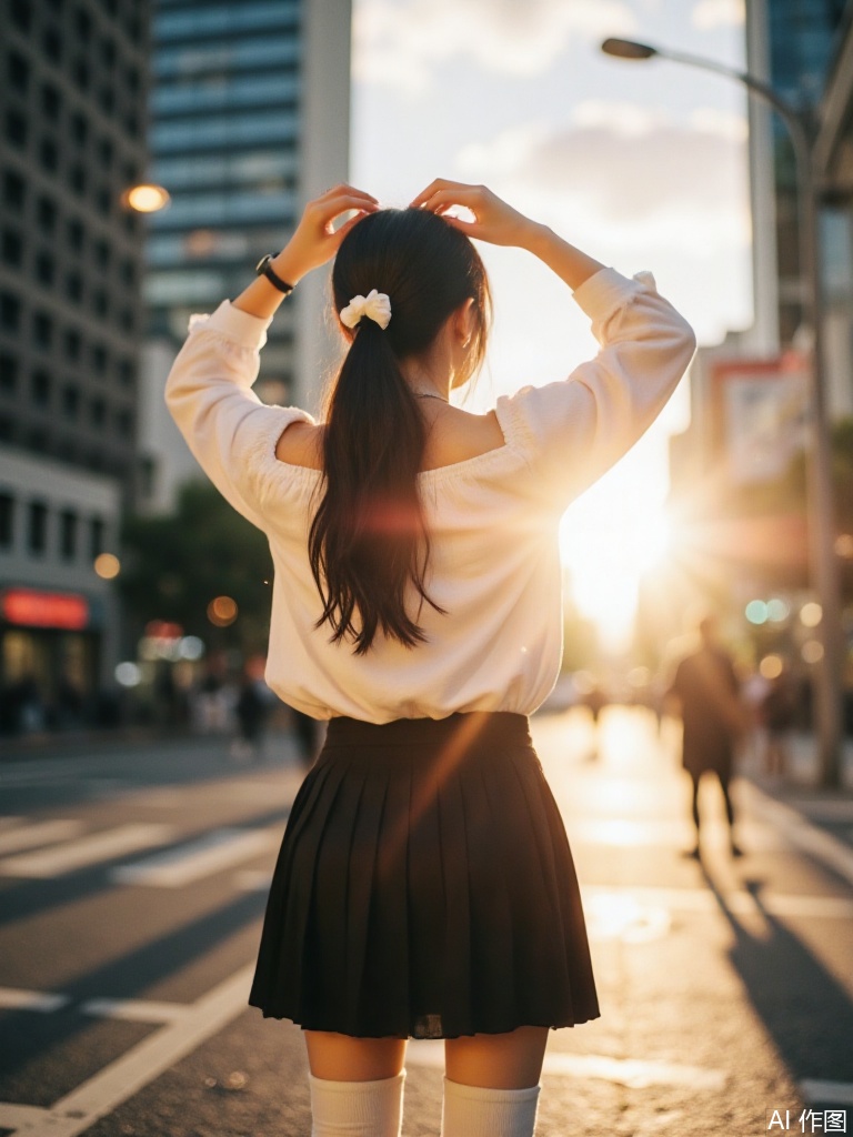 Create a film-style photo of a beautiful woman with black hair styled in a long ponytail with a white ribbon. She wears an off-shoulder white blouse paired with a black pleated skirt and white knee-high socks. Her back is to the camera, standing on a city street during sunset. The warm golden hour light casts long shadows and creates a lens flare effect. She holds her hair up with her hands, and there are subtle particles floating in the air. The background features a bustling urban scene with tall buildings, streetlights, and a few visible pedestrians. The atmosphere is serene yet vibrant, capturing the transition from day to night.

