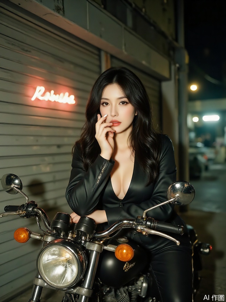 a stunning black-haired woman with a perfect hourglass figure, leaning confidently on a vintage motorcycle, wearing a tight black leather jacket with a deep V-neck showing subtle cleavage, long wavy black hair cascading over her shoulders, bold makeup with deep red lipstick and smoky eyes, holding a cigarette between her fingers with a seductive gaze, dimly lit urban alley at night, metal garage door background with gritty textures, dramatic shadows and reflections from neon lighting, cinematic angle, realistic photography style, high detail, 85mm lens, shallow depth of field, bokeh lights in the background, high contrast, moody atmosphere