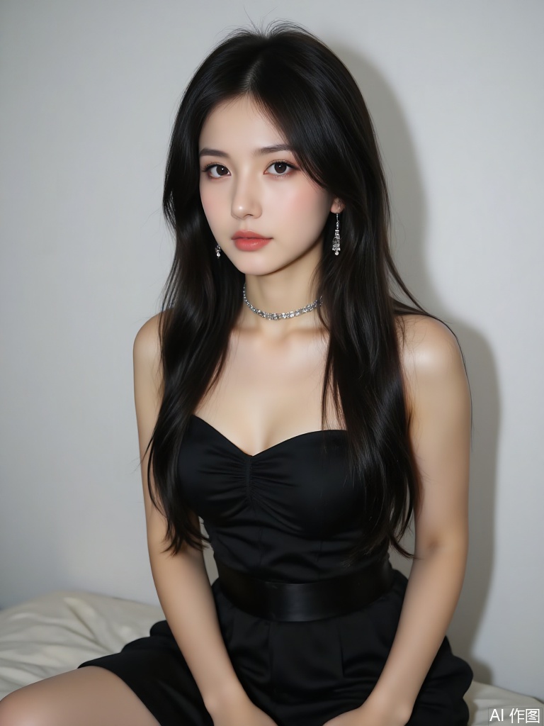 A captivating portrait of a young woman with striking features. She sits alone, her long, raven-black hair cascading down her back like a waterfall of night. Her piercing black eyes meet the viewer's gaze, her full lips painted a subtle shade of pink. A simple yet elegant dress adorns her upper body, its curves accentuated by the soft lighting. A delicate choker and dangling earrings add a touch of sophistication to her overall appearance, as she presents herself with confidence and poise against a minimalist background.