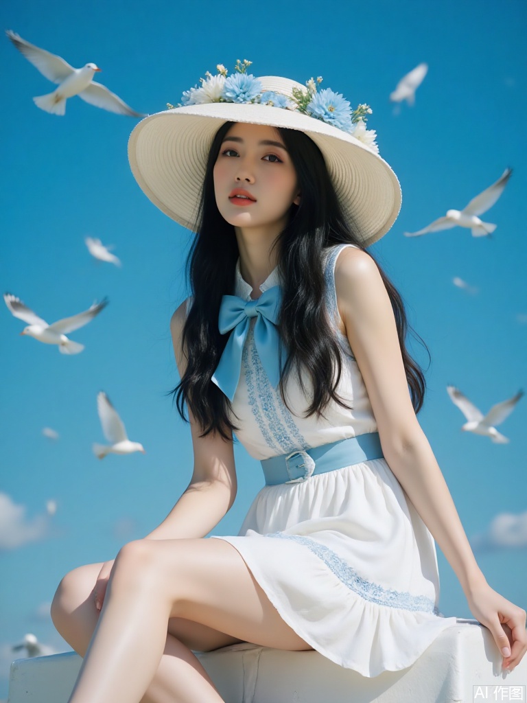 Create a film-style photo of a beautiful woman with long black hair styled with a large white hat adorned with a blue ribbon and blue flowers. She wears a white dress with blue lace details, a blue bow at the waist, and white high-heeled shoes. Her pose is elegant as she sits with crossed legs, hands resting on her knees. The background features a clear blue sky with white birds flying around, adding a sense of freedom and lightness. Soft natural light illuminates the scene, highlighting the textures of her dress and the delicate details of her accessories. The atmosphere is serene and dreamy, with a few feathers floating in the air.
